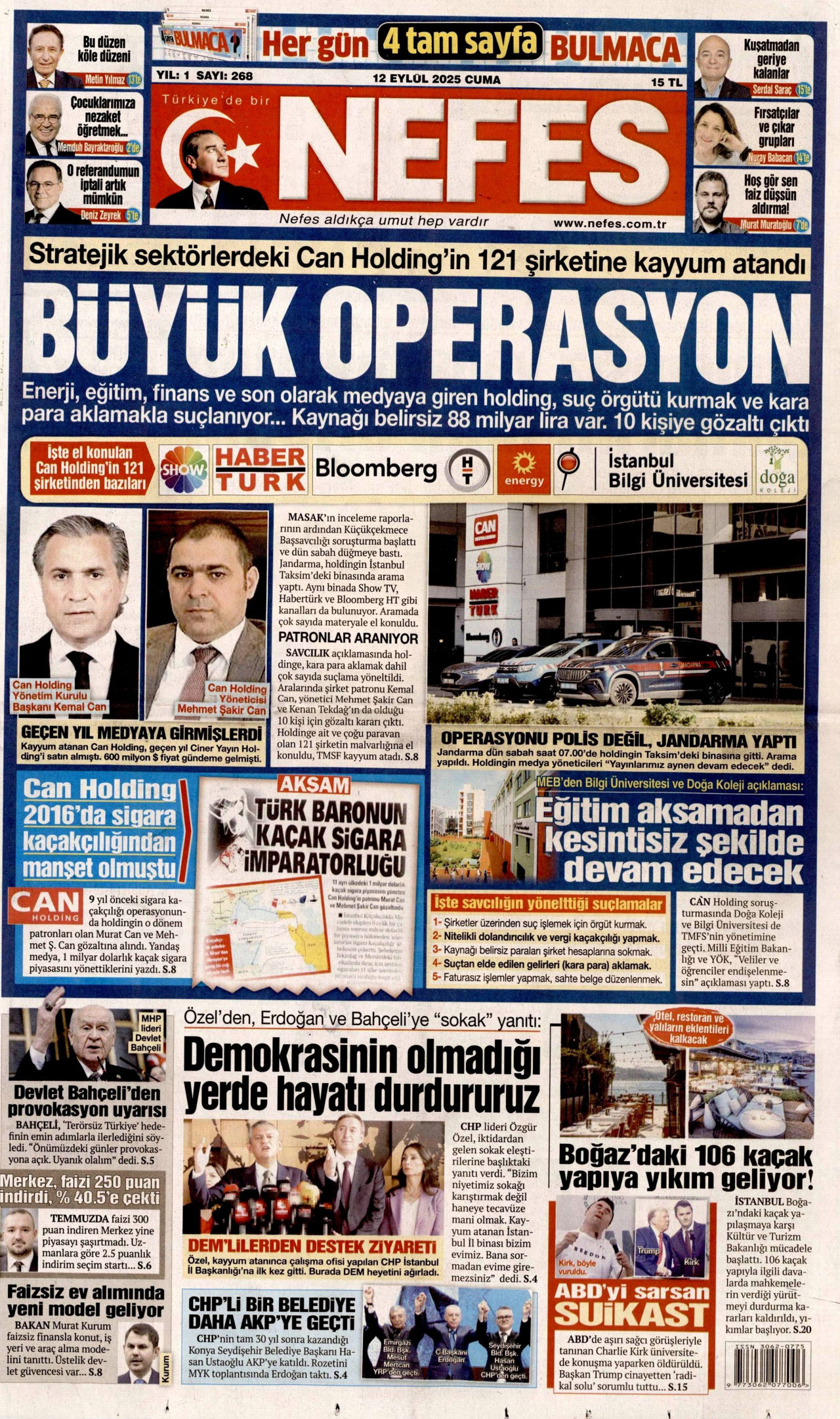 NEFES gazetesinin 12 Eylül 2025 tarihli birinci sayfası