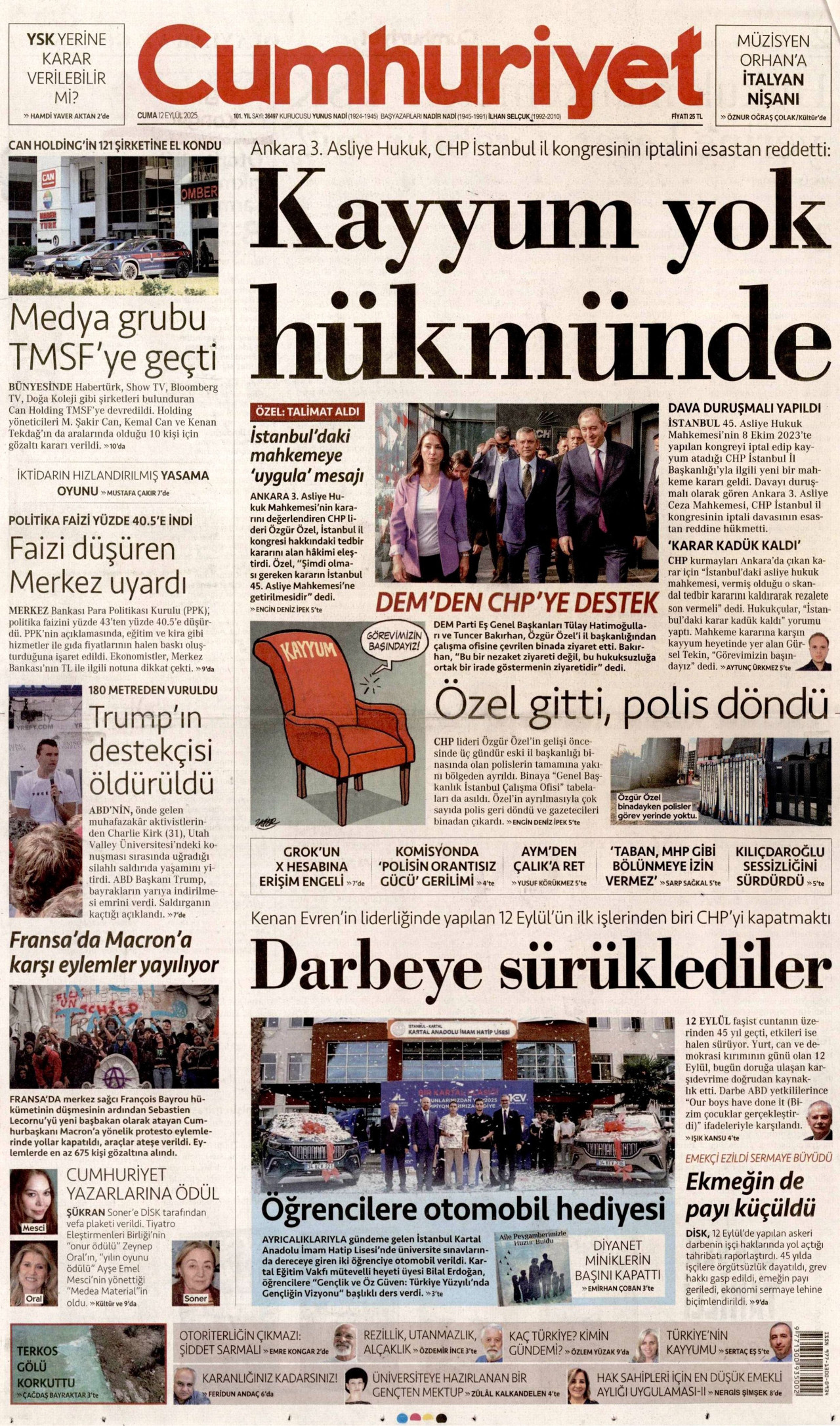 CUMHURİYET gazetesinin 12 Eylül 2025 tarihli birinci sayfası