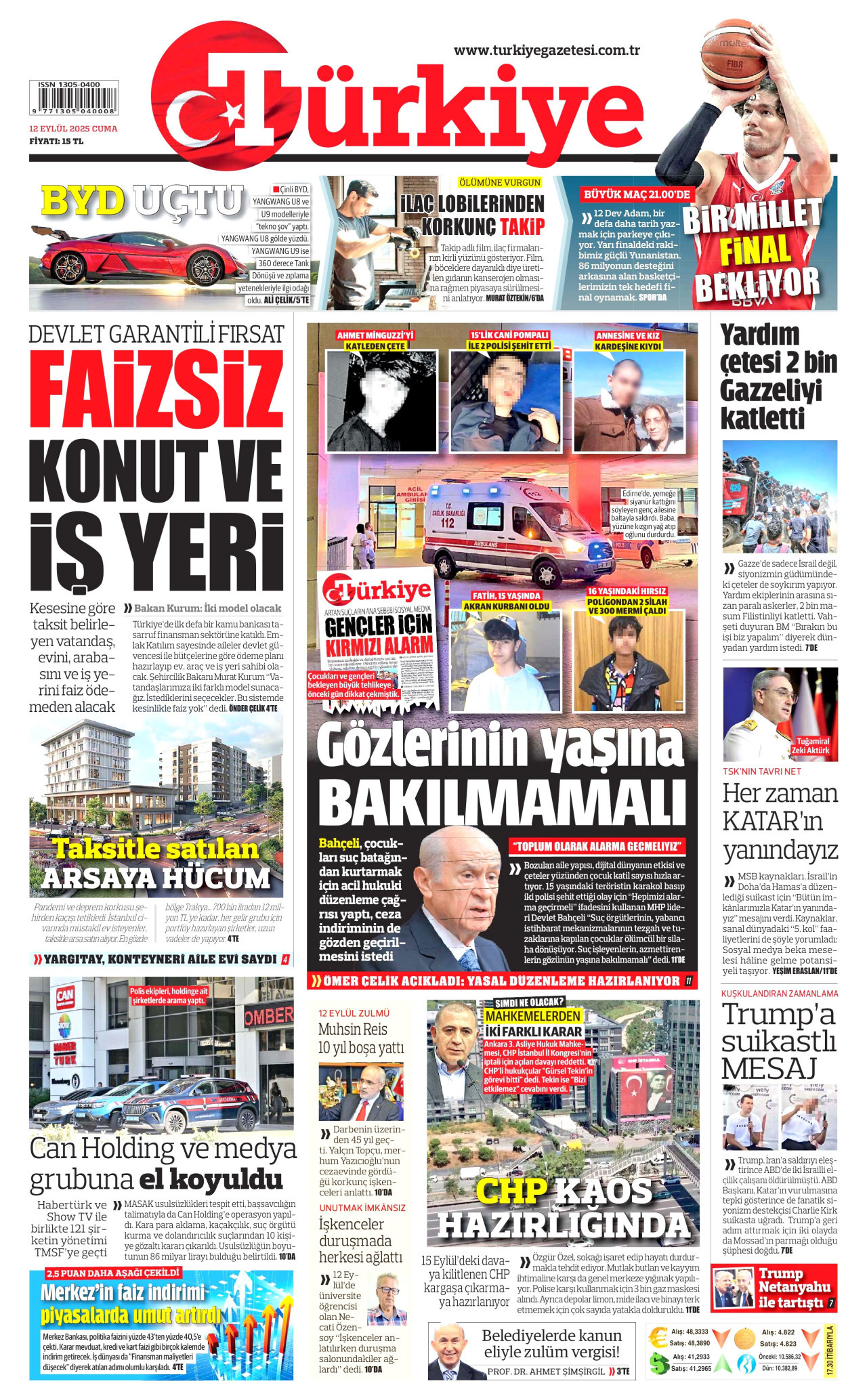 TÜRKİYE GAZETESİ gazetesinin 12 Eylül 2025 tarihli birinci sayfası