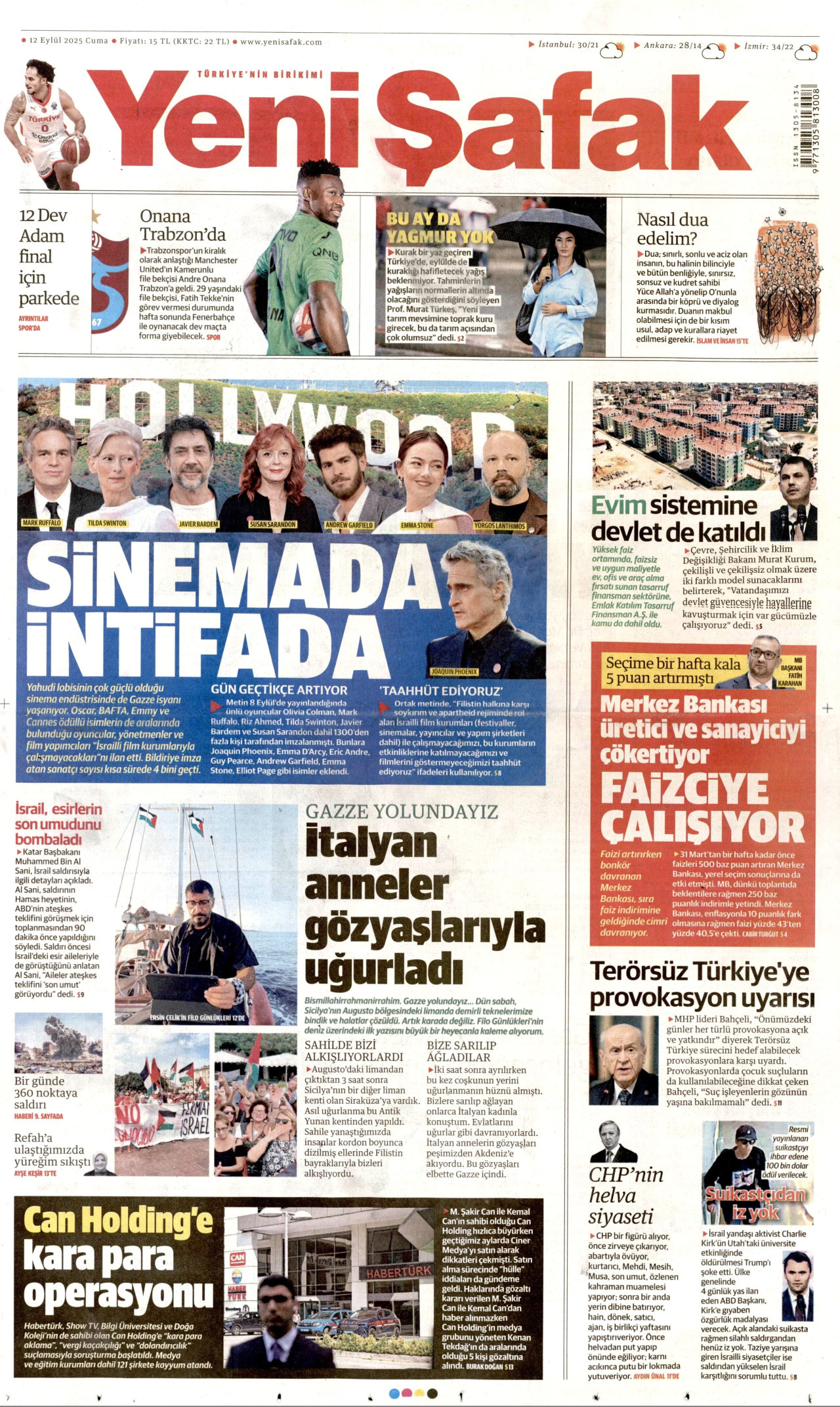 YENİ ŞAFAK gazetesinin 12 Eylül 2025 tarihli birinci sayfası