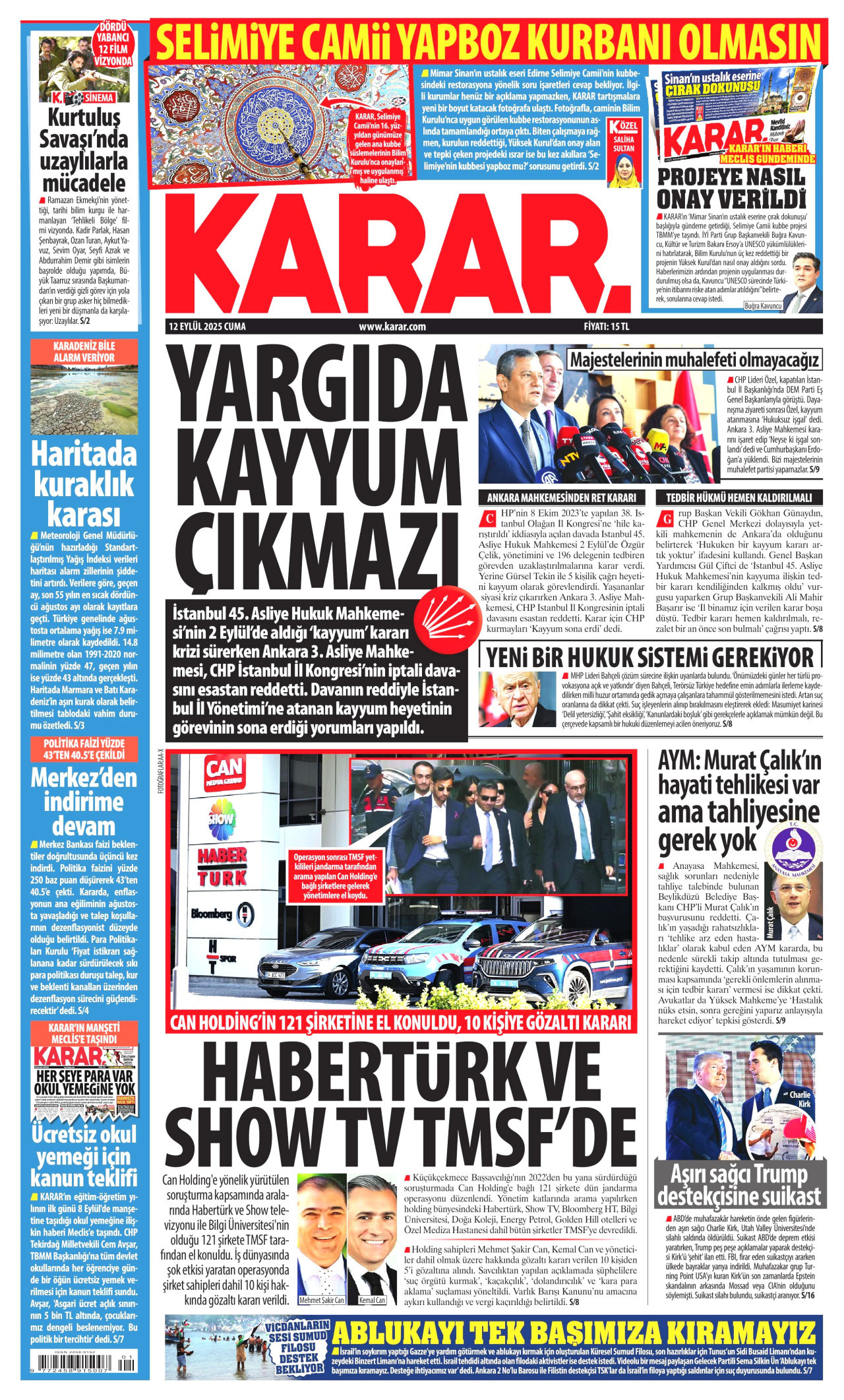 KARAR gazetesinin 12 Eylül 2025 tarihli birinci sayfası