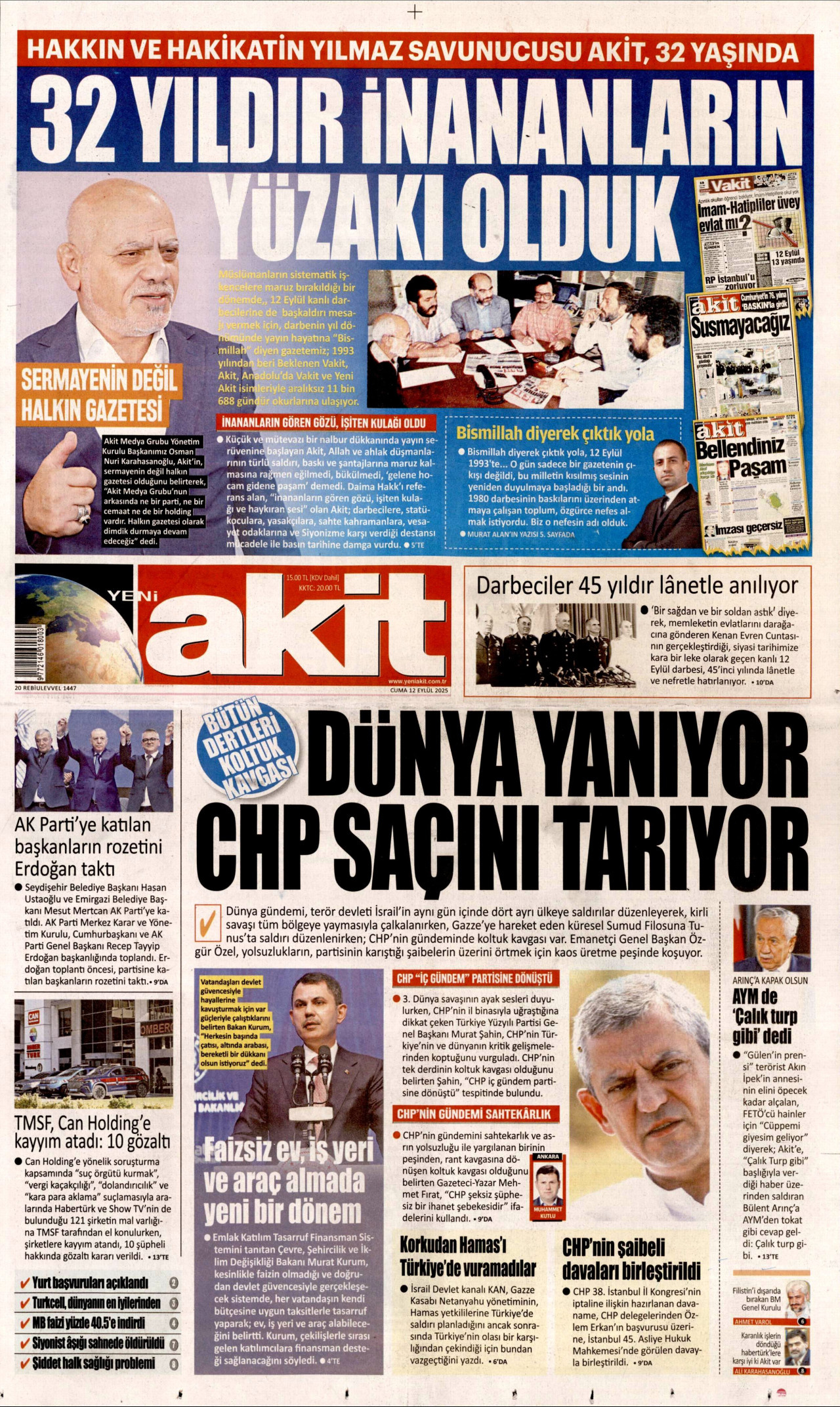 YENİ AKİT gazetesinin 12 Eylül 2025 tarihli birinci sayfası