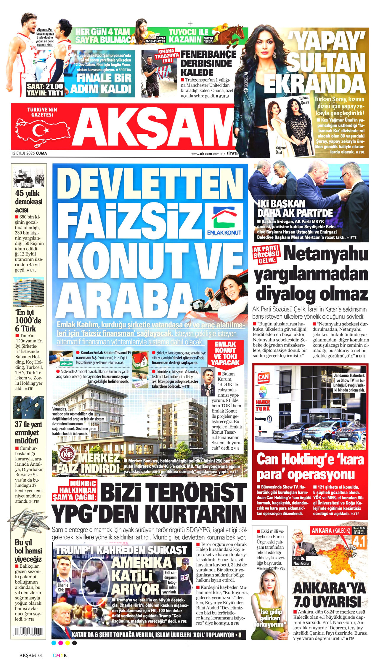AKŞAM gazetesinin 12 Eylül 2025 tarihli birinci sayfası