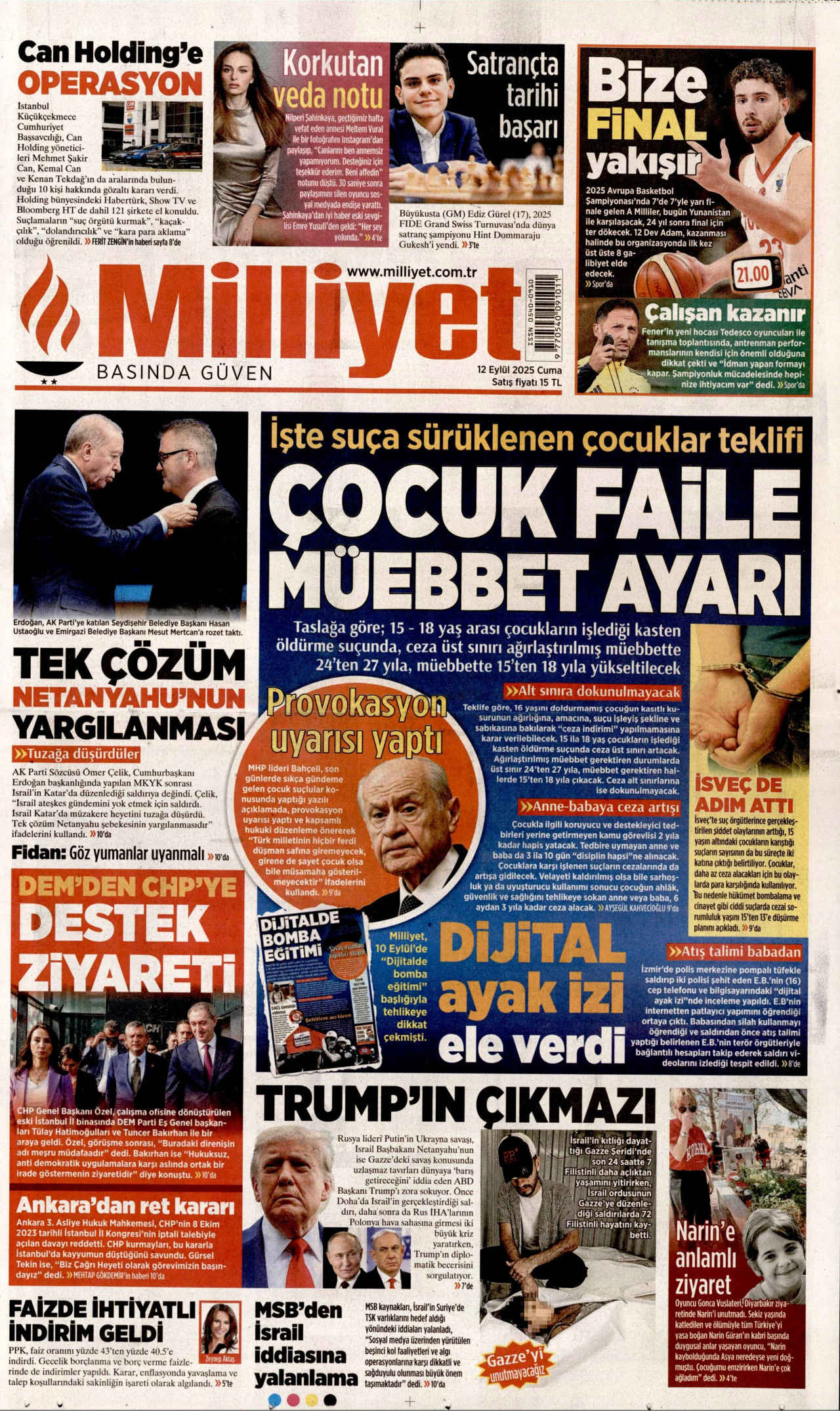 MİLLİYET gazetesinin 12 Eylül 2025 tarihli birinci sayfası