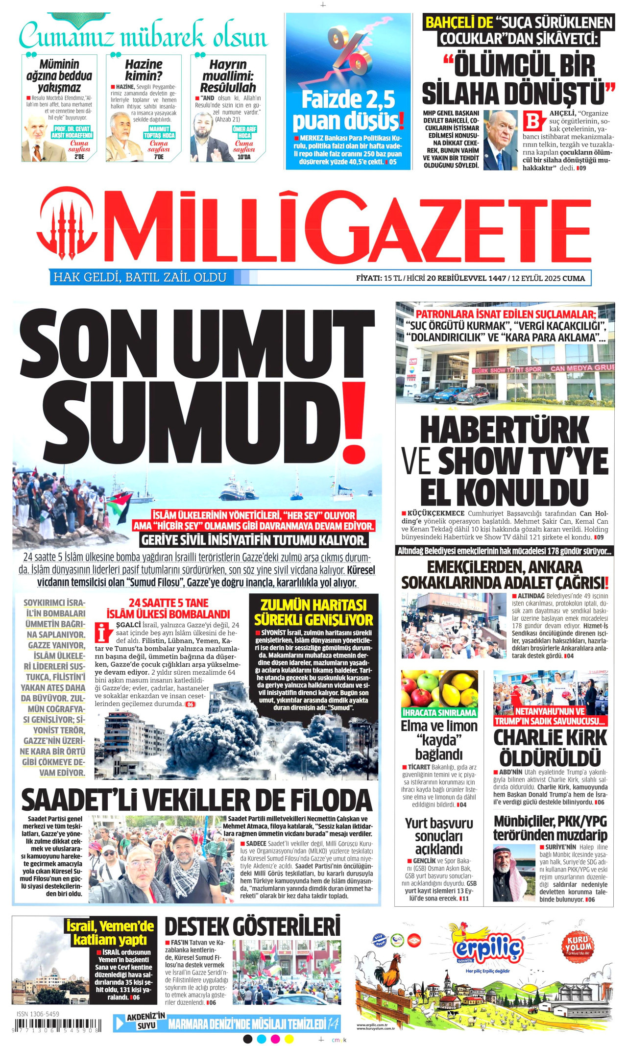 MİLLİ GAZETE gazetesinin 12 Eylül 2025 tarihli birinci sayfası