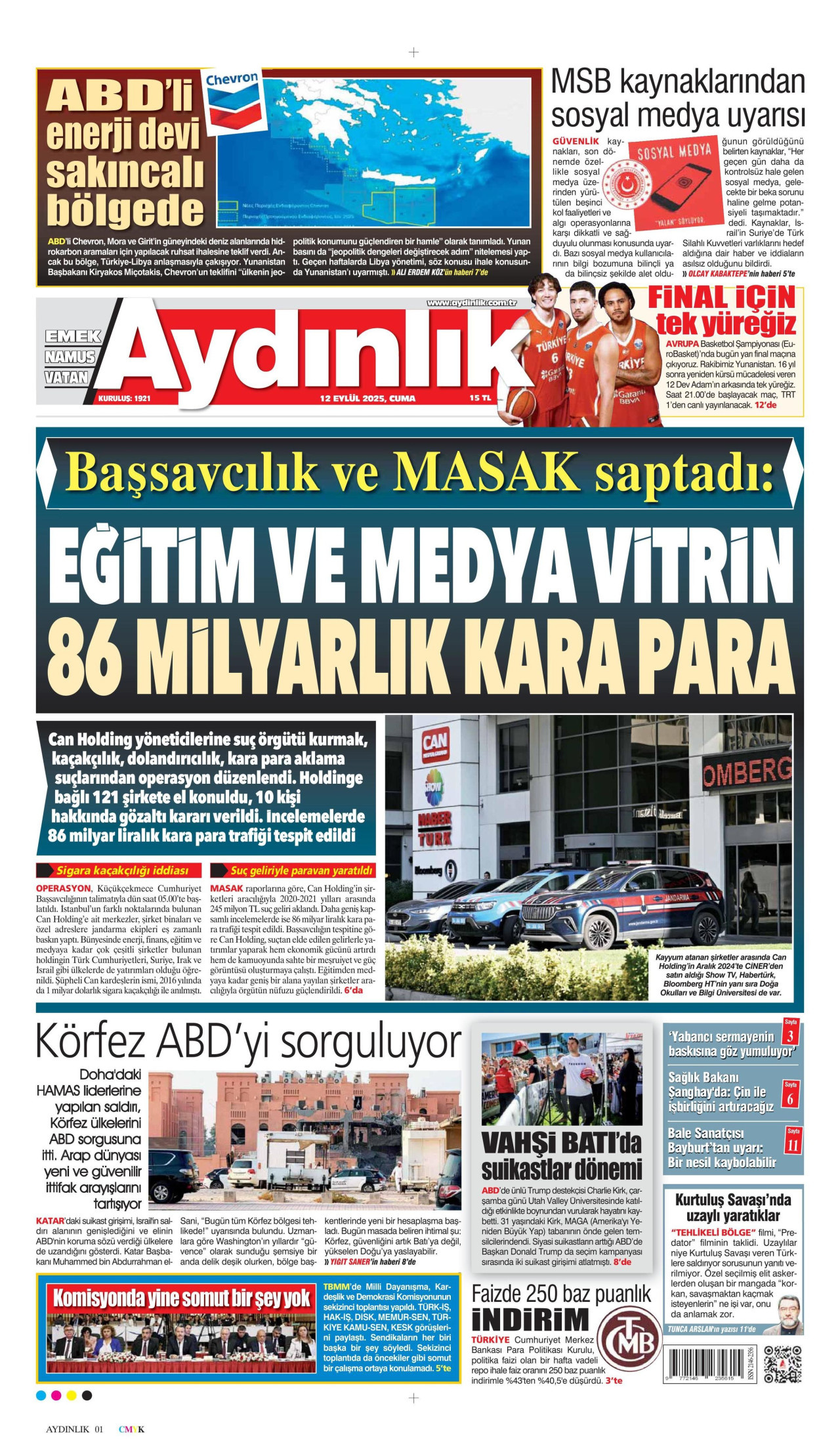 AYDINLIK GAZETESİ gazetesinin 12 Eylül 2025 tarihli birinci sayfası