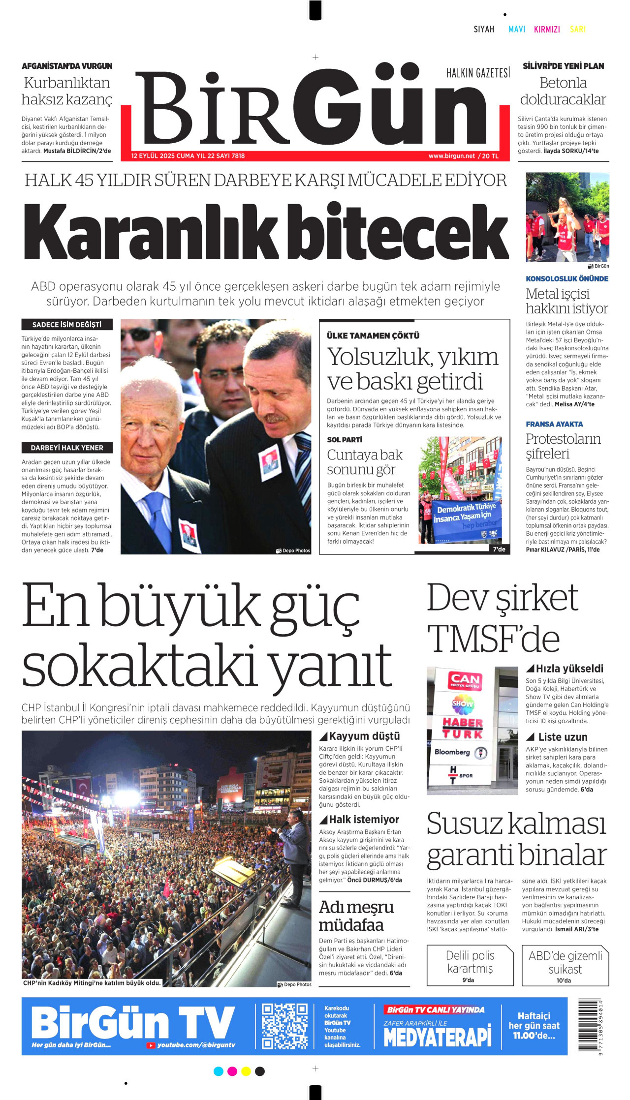 BİRGÜN gazetesinin 12 Eylül 2025 tarihli birinci sayfası