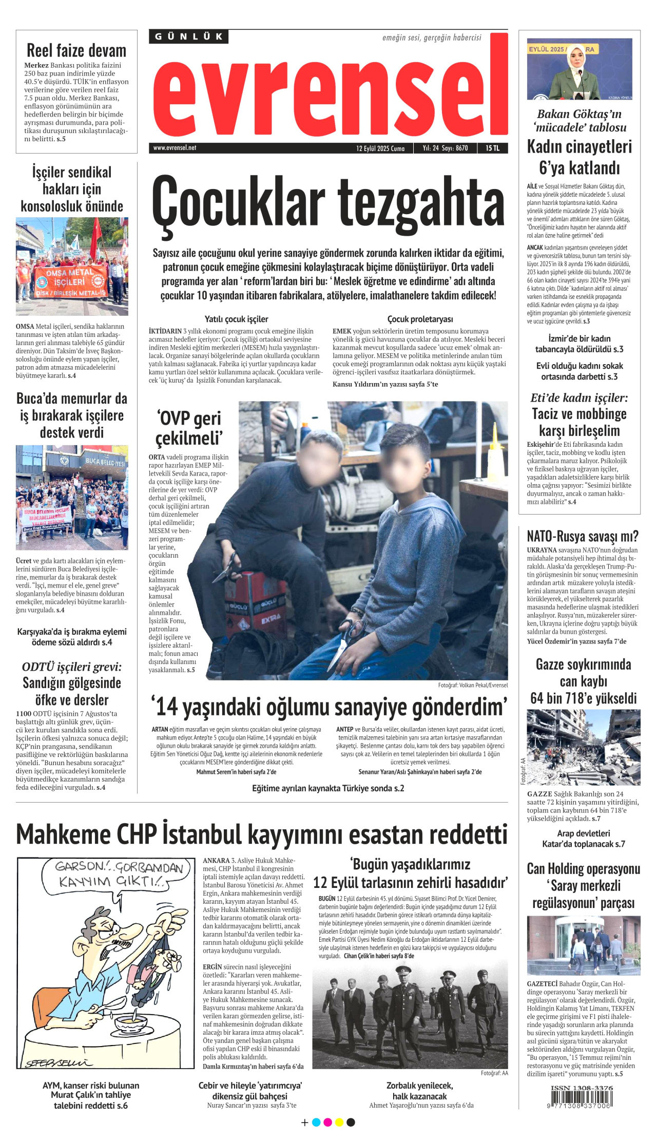 EVRENSEL gazetesinin 12 Eylül 2025 tarihli birinci sayfası