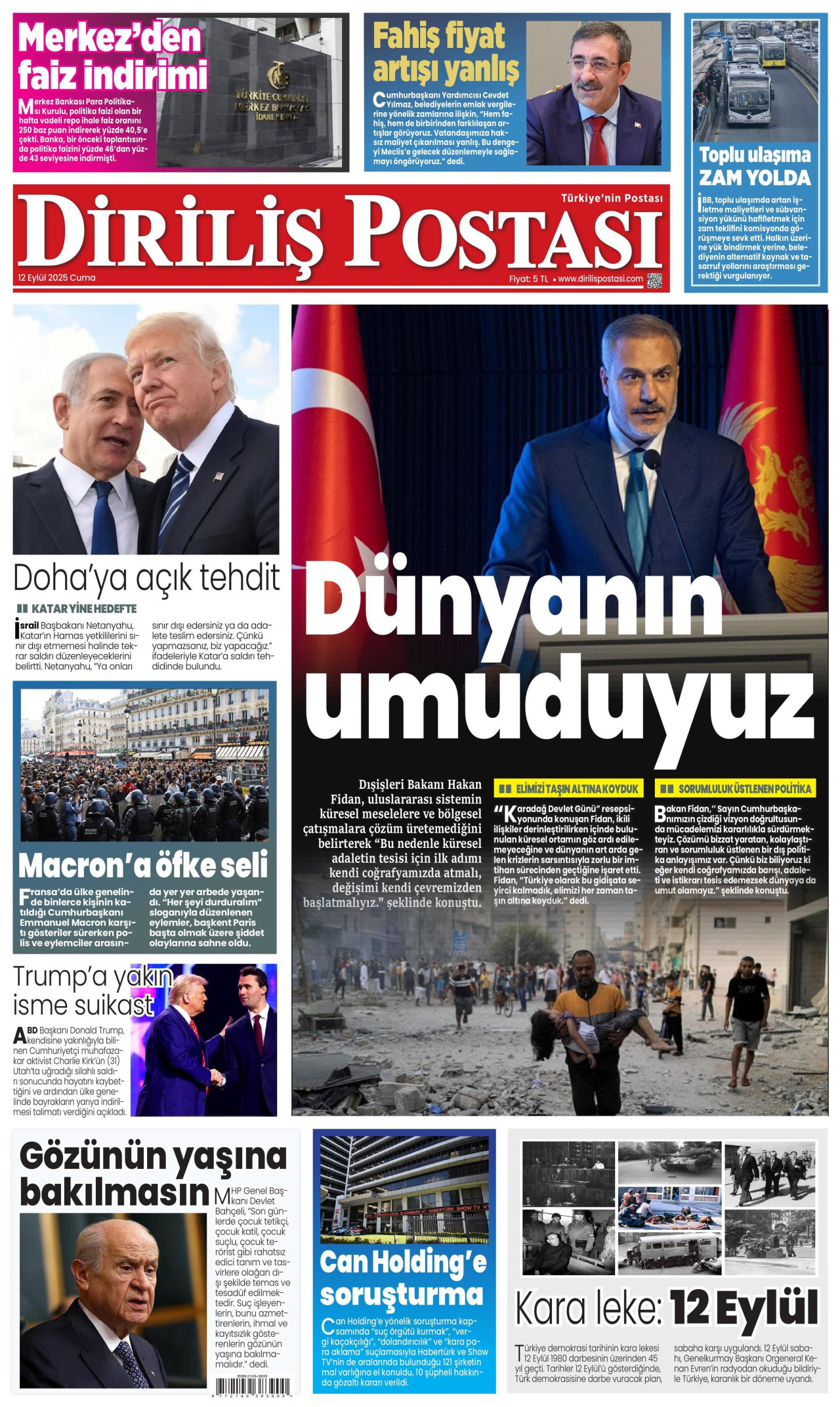 DİRİLİŞ POSTASI gazetesinin 12 Eylül 2025 tarihli birinci sayfası