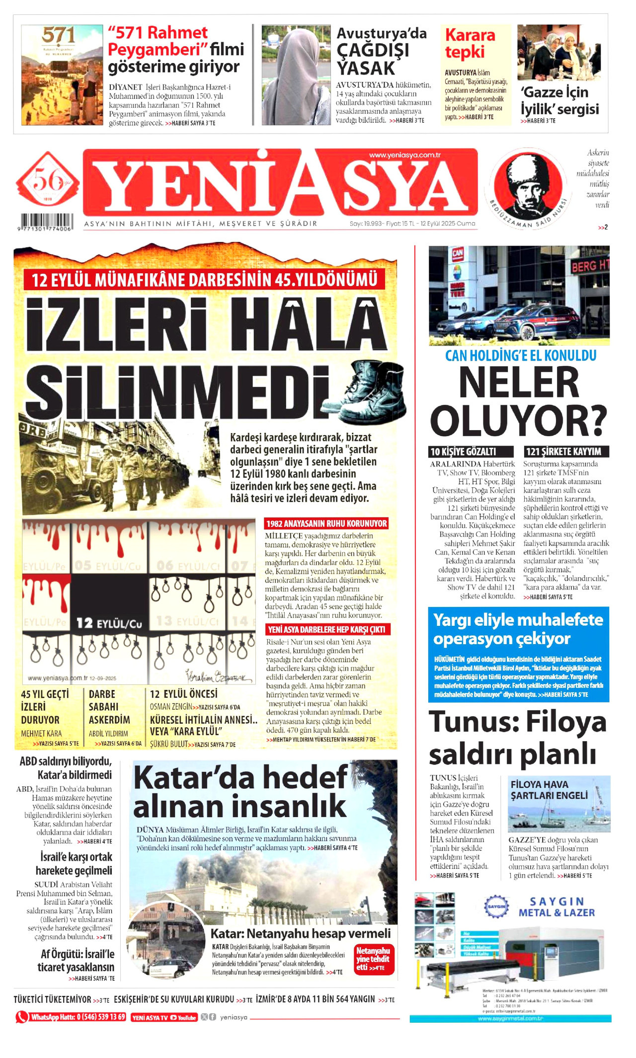 YENİ ASYA gazetesinin 12 Eylül 2025 tarihli birinci sayfası