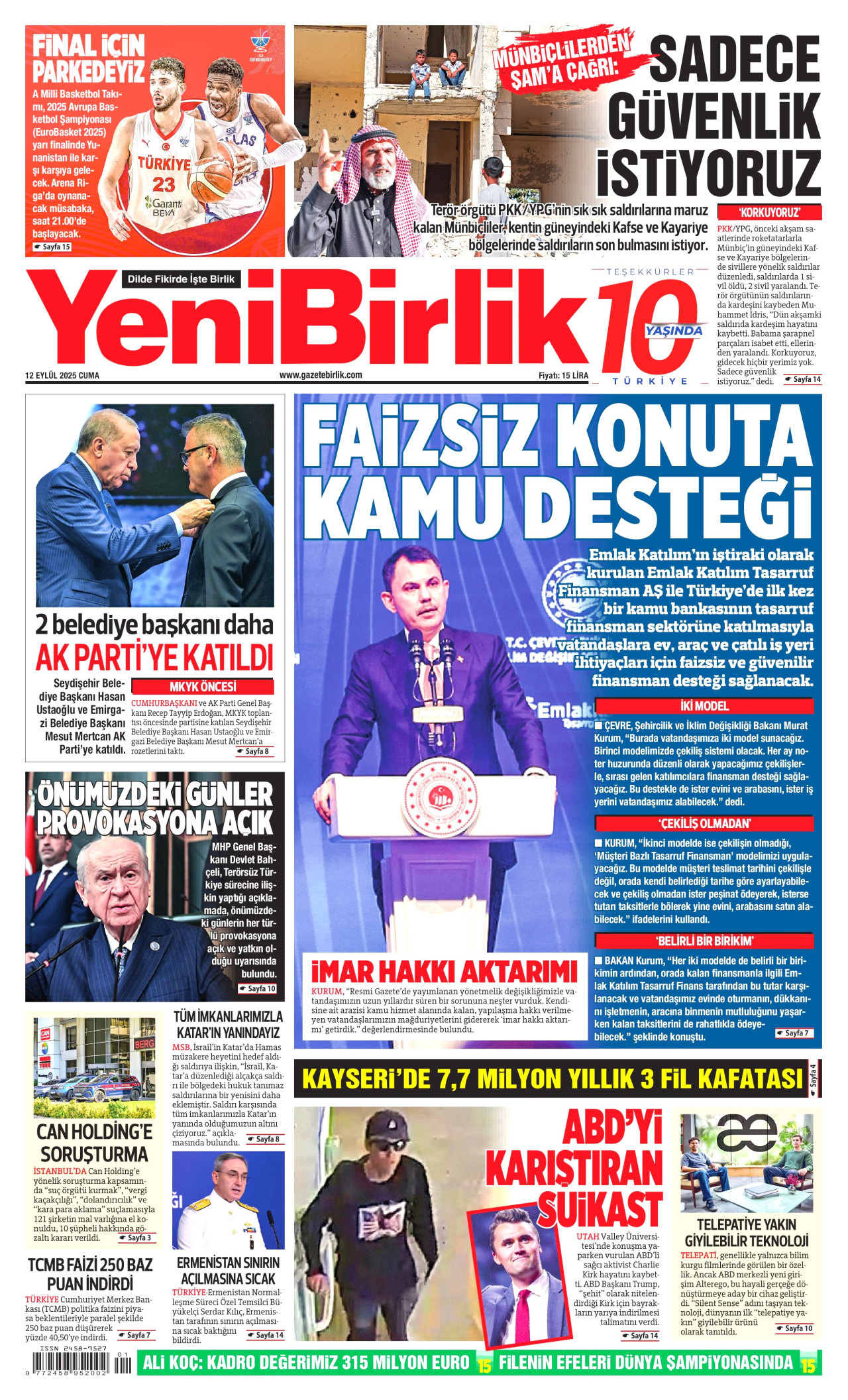 YENİBİRLİK gazetesinin 12 Eylül 2025 tarihli birinci sayfası