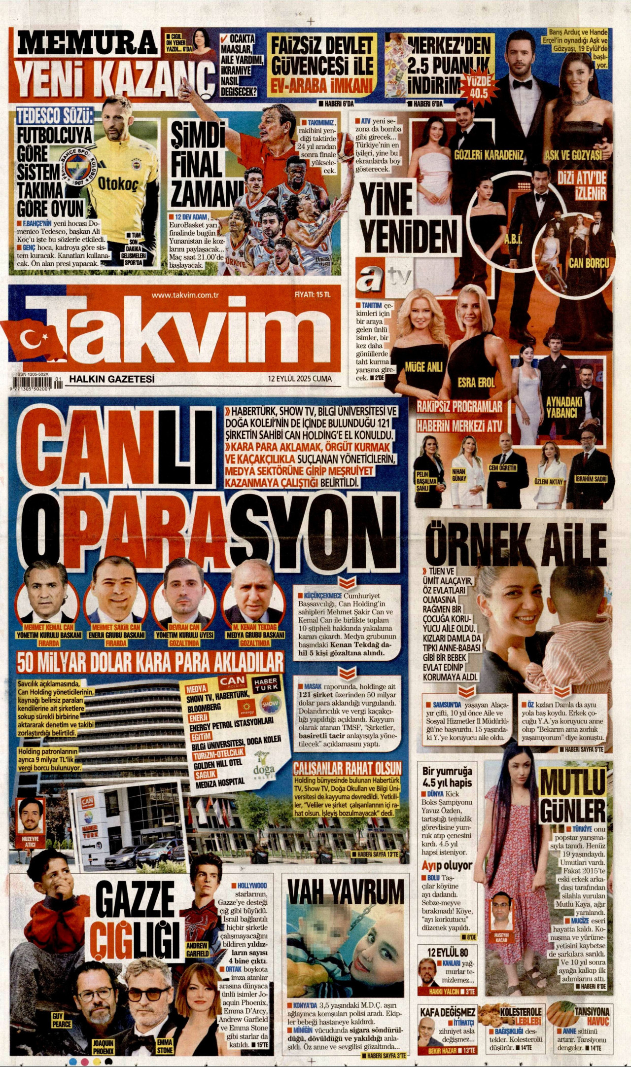 TAKVİM gazetesinin 12 Eylül 2025 tarihli birinci sayfası