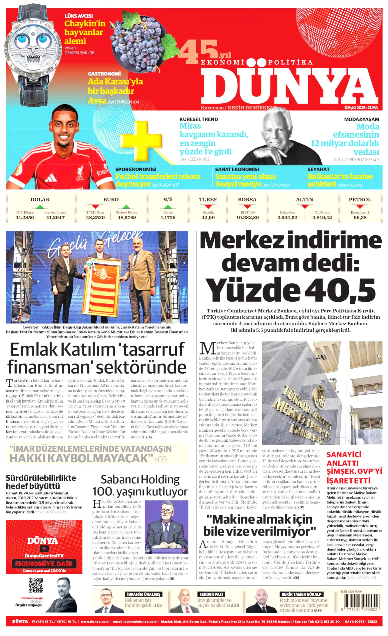 DÜNYA gazetesinin 12 Eylül 2025 tarihli birinci sayfası
