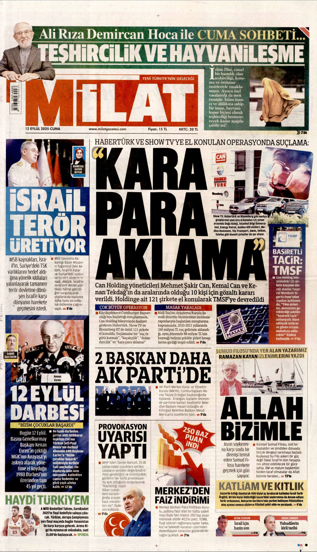 MİLAT gazetesinin 12 Eylül 2025 tarihli birinci sayfası