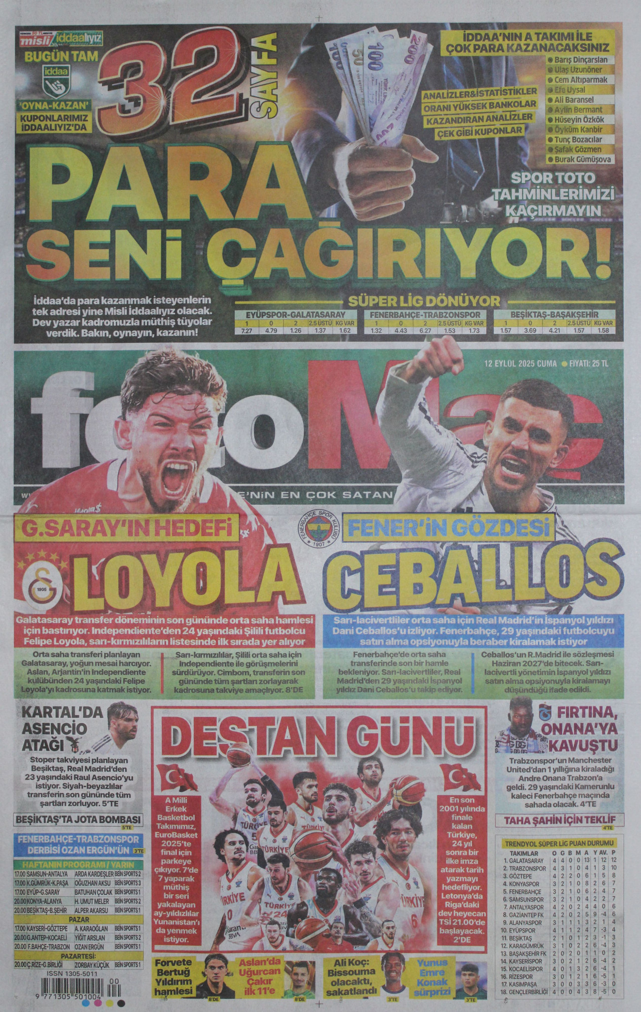 FOTOMAÇ gazetesinin 12 Eylül 2025 tarihli birinci sayfası