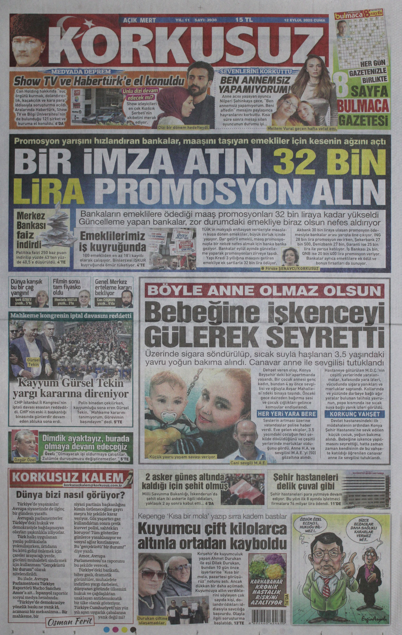 KORKUSUZ gazetesinin 12 Eylül 2025 tarihli birinci sayfası