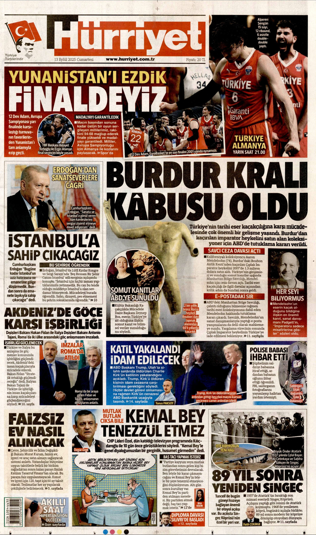 HÜRRİYET gazetesinin 13 Eylül 2025 tarihli birinci sayfası
