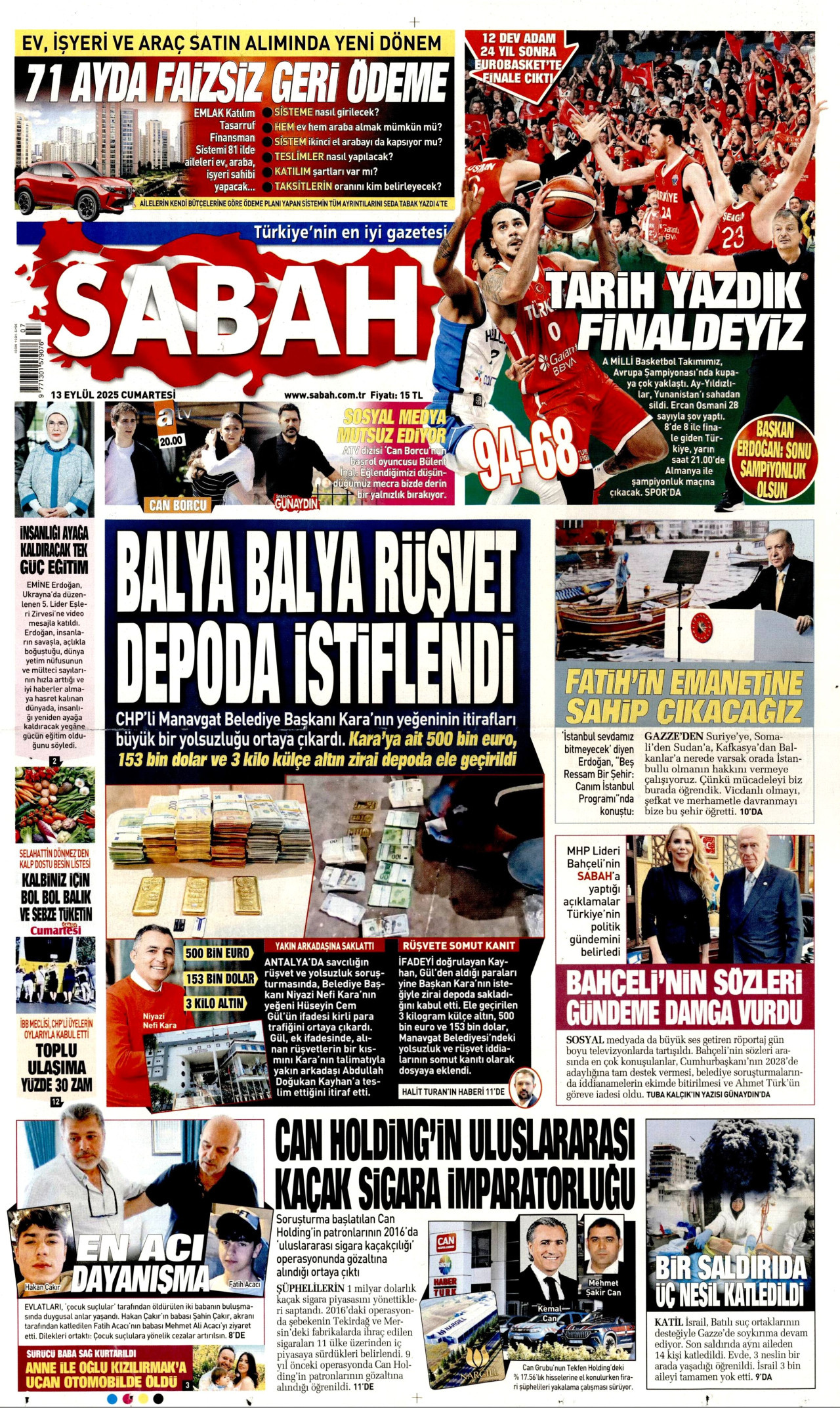 SABAH gazetesinin 13 Eylül 2025 tarihli birinci sayfası