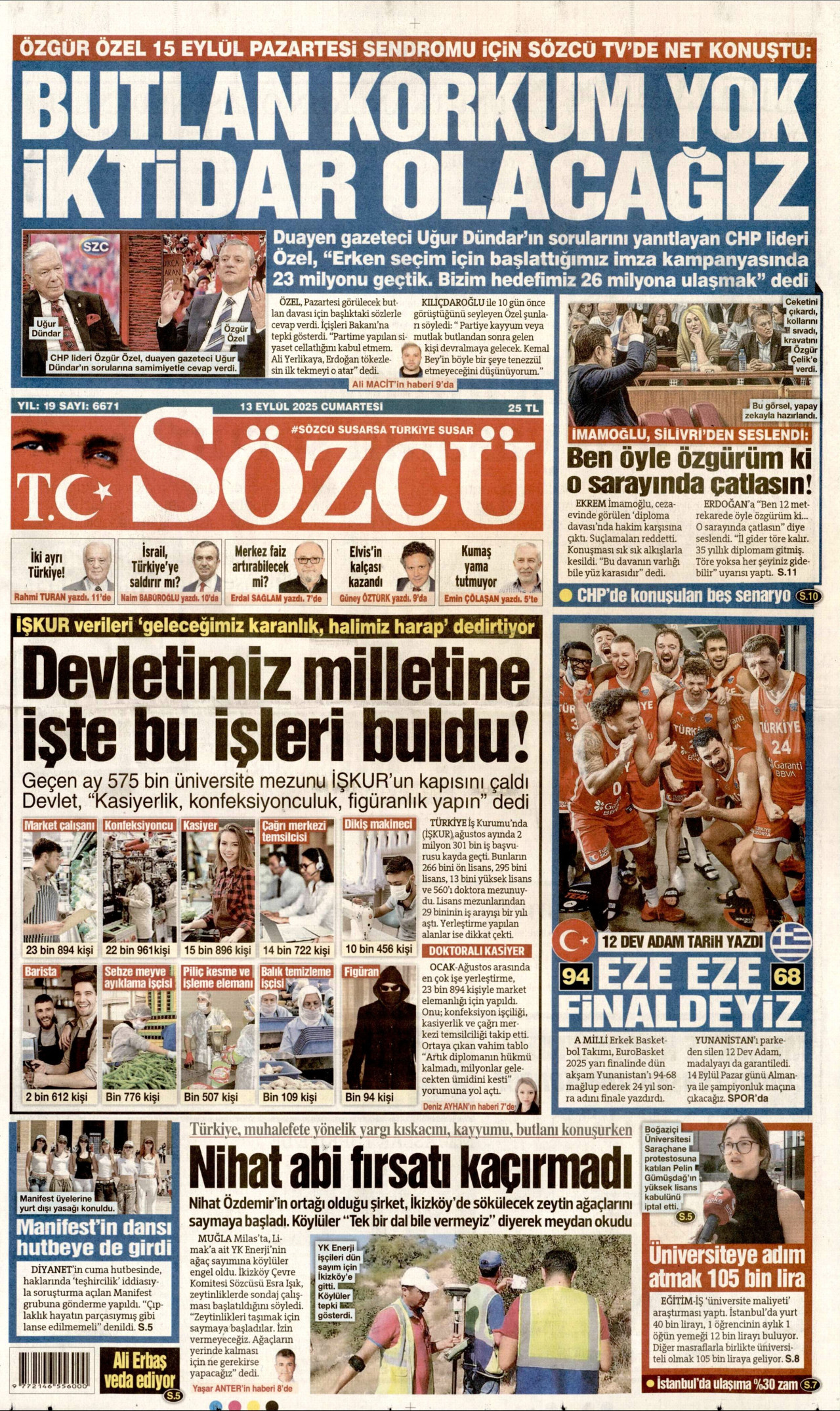 SÖZCÜ gazetesinin 13 Eylül 2025 tarihli birinci sayfası