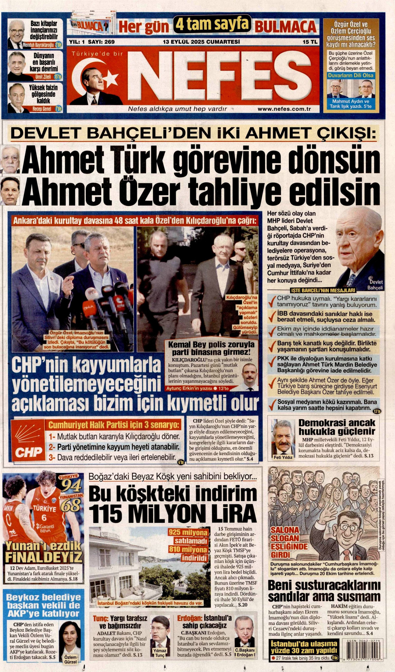NEFES gazetesinin 13 Eylül 2025 tarihli birinci sayfası