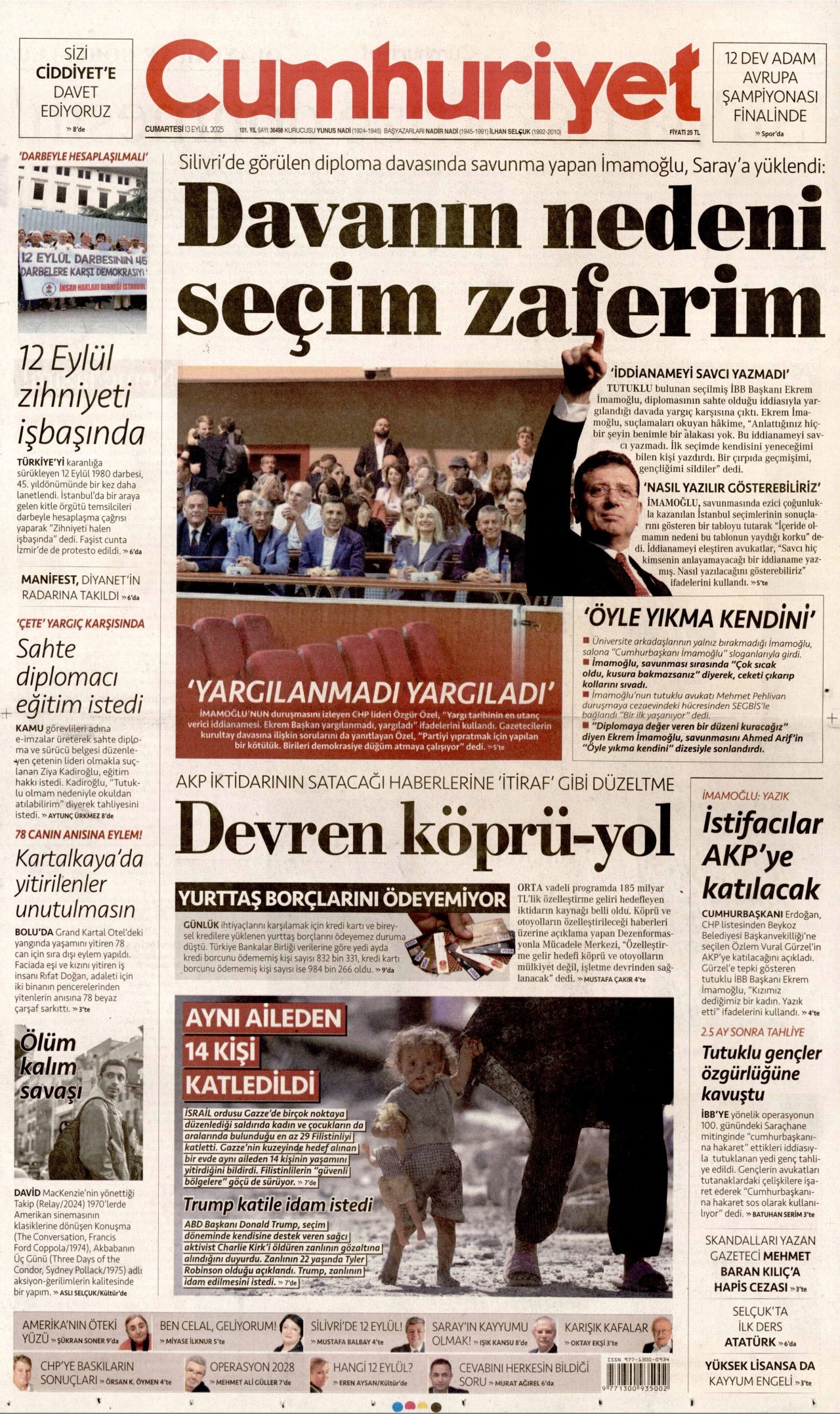 CUMHURİYET gazetesinin 13 Eylül 2025 tarihli birinci sayfası