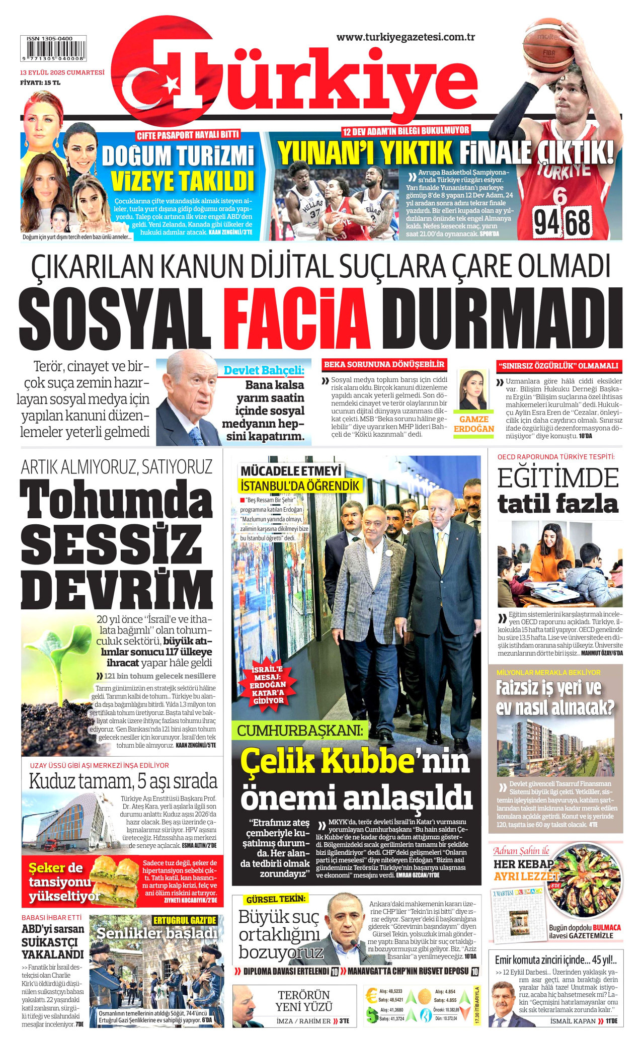 TÜRKİYE GAZETESİ gazetesinin 13 Eylül 2025 tarihli birinci sayfası