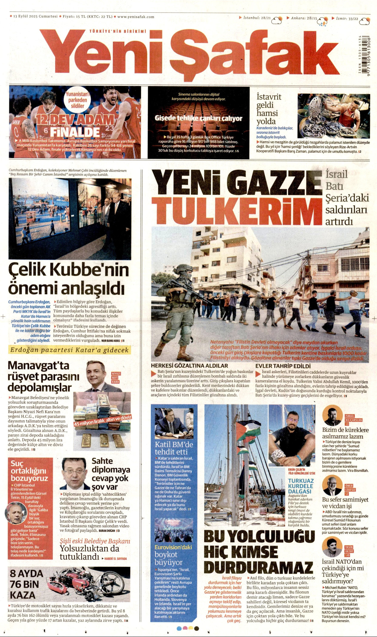 YENİ ŞAFAK gazetesinin 13 Eylül 2025 tarihli birinci sayfası
