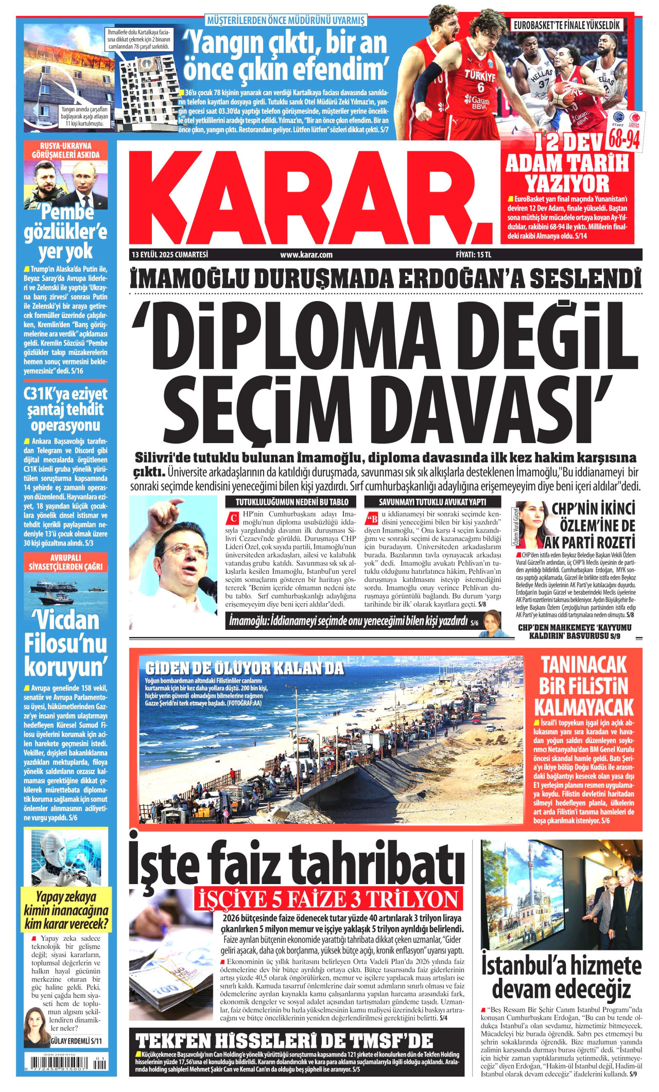 KARAR gazetesinin 13 Eylül 2025 tarihli birinci sayfası