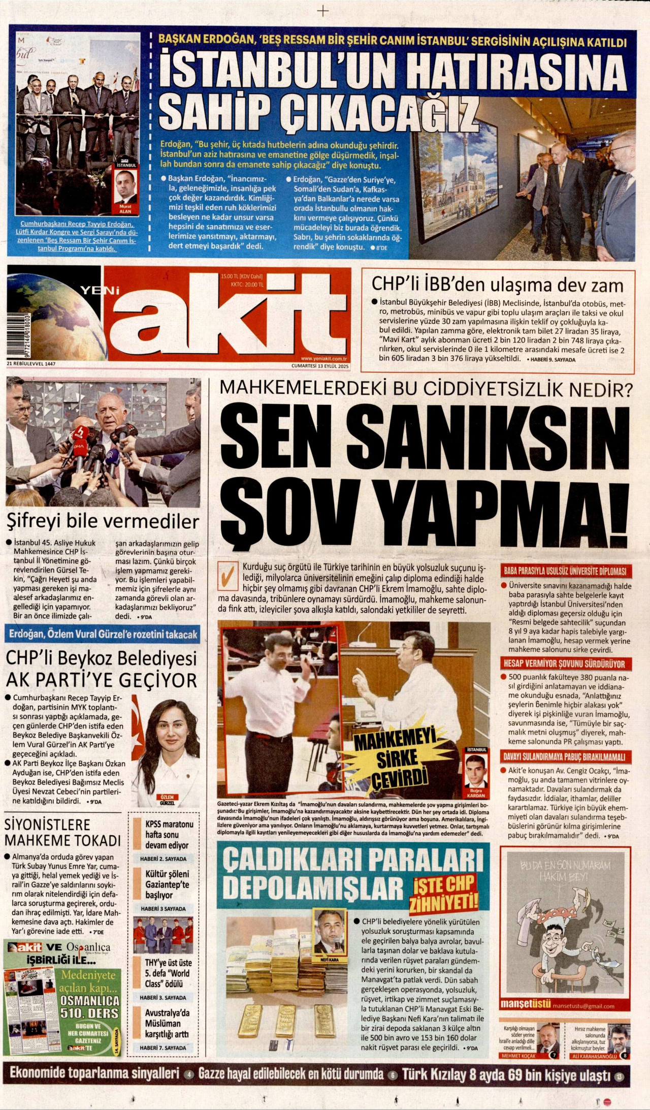 YENİ AKİT gazetesinin 13 Eylül 2025 tarihli birinci sayfası