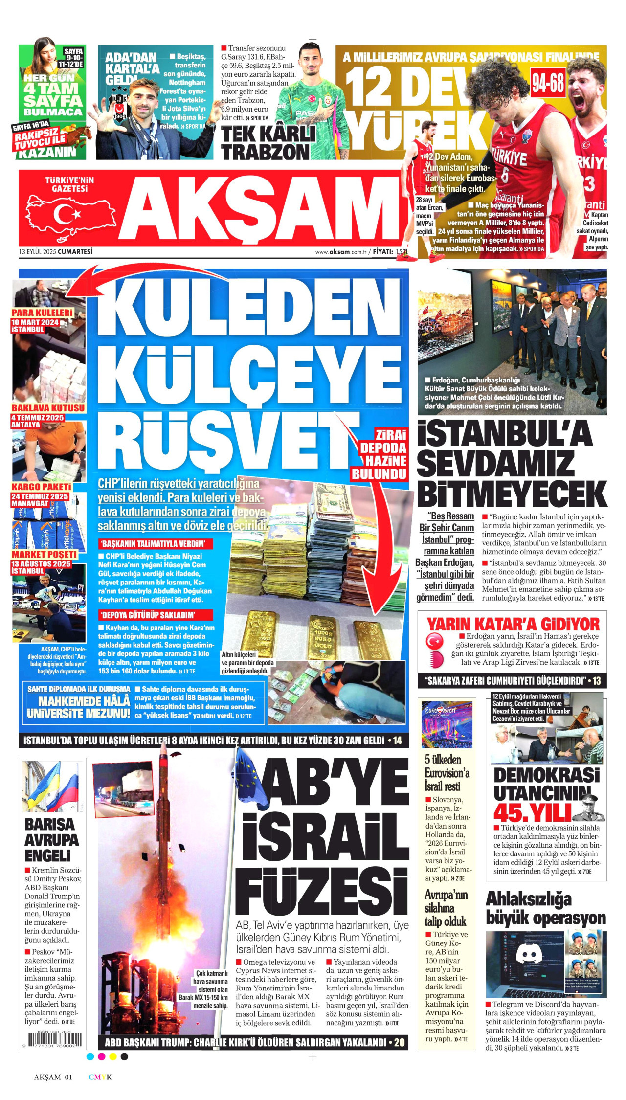 AKŞAM gazetesinin 13 Eylül 2025 tarihli birinci sayfası