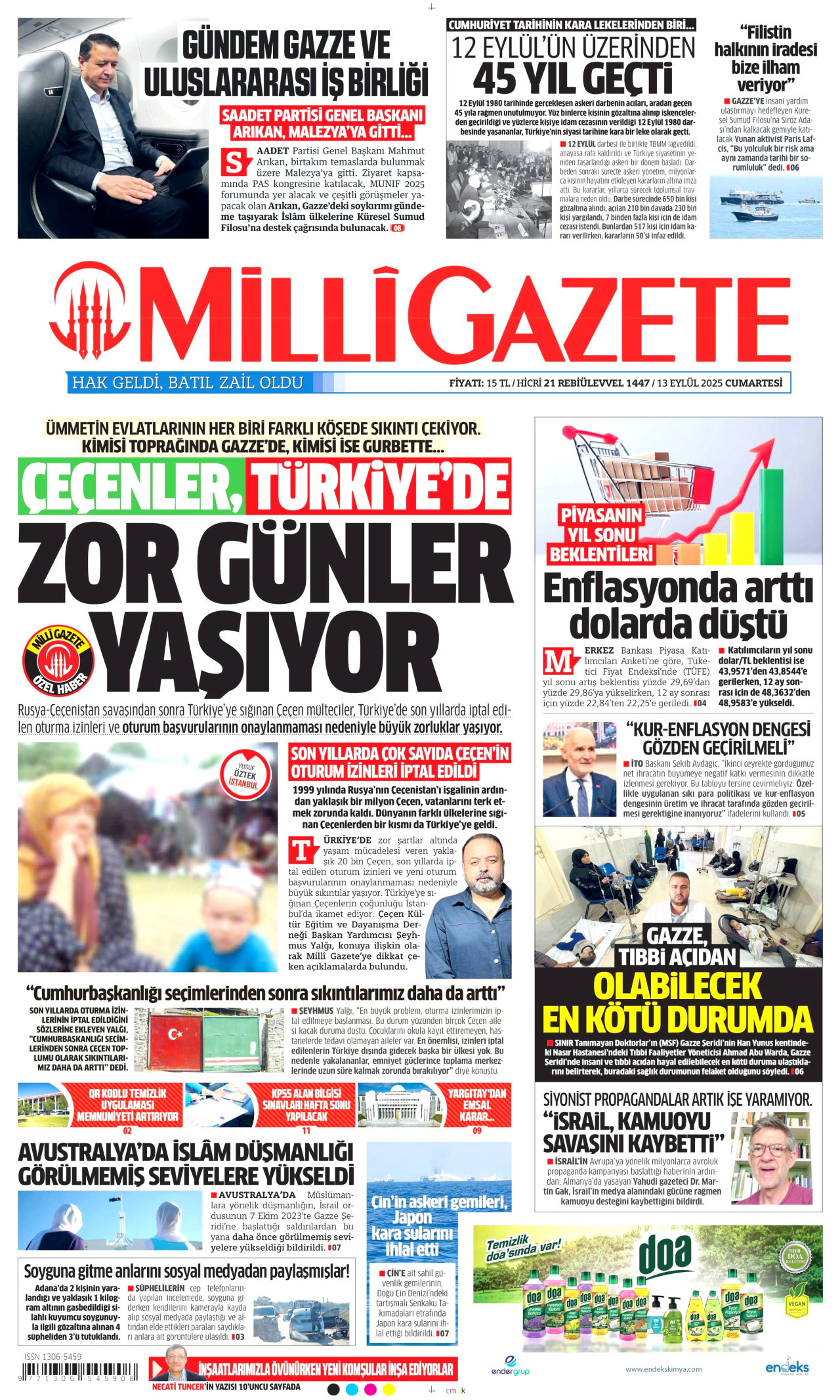 MİLLİ GAZETE gazetesinin 13 Eylül 2025 tarihli birinci sayfası