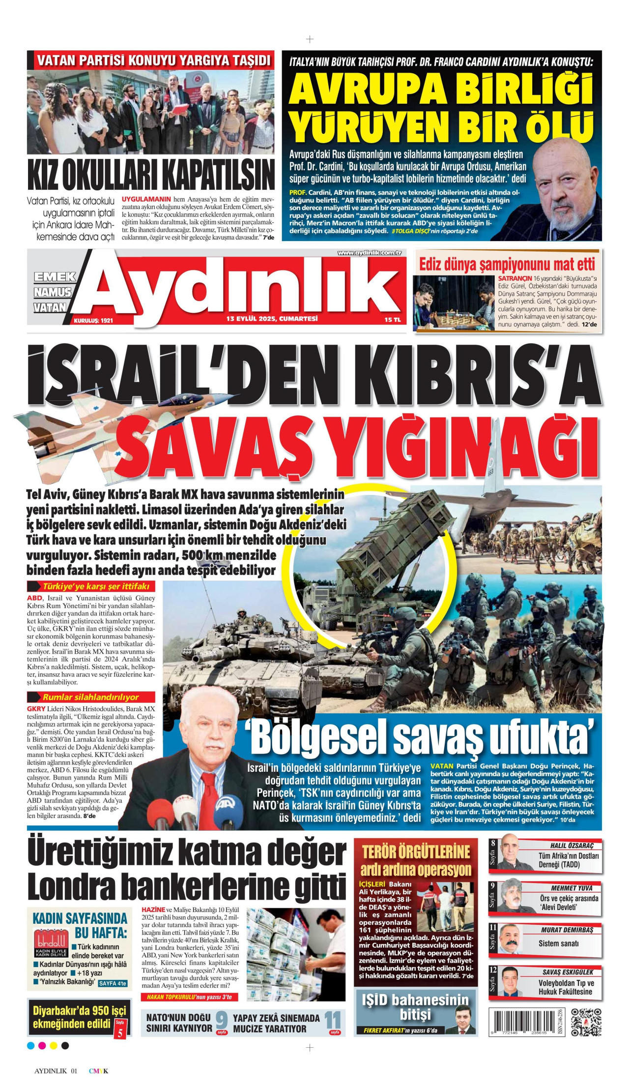 AYDINLIK GAZETESİ gazetesinin 13 Eylül 2025 tarihli birinci sayfası