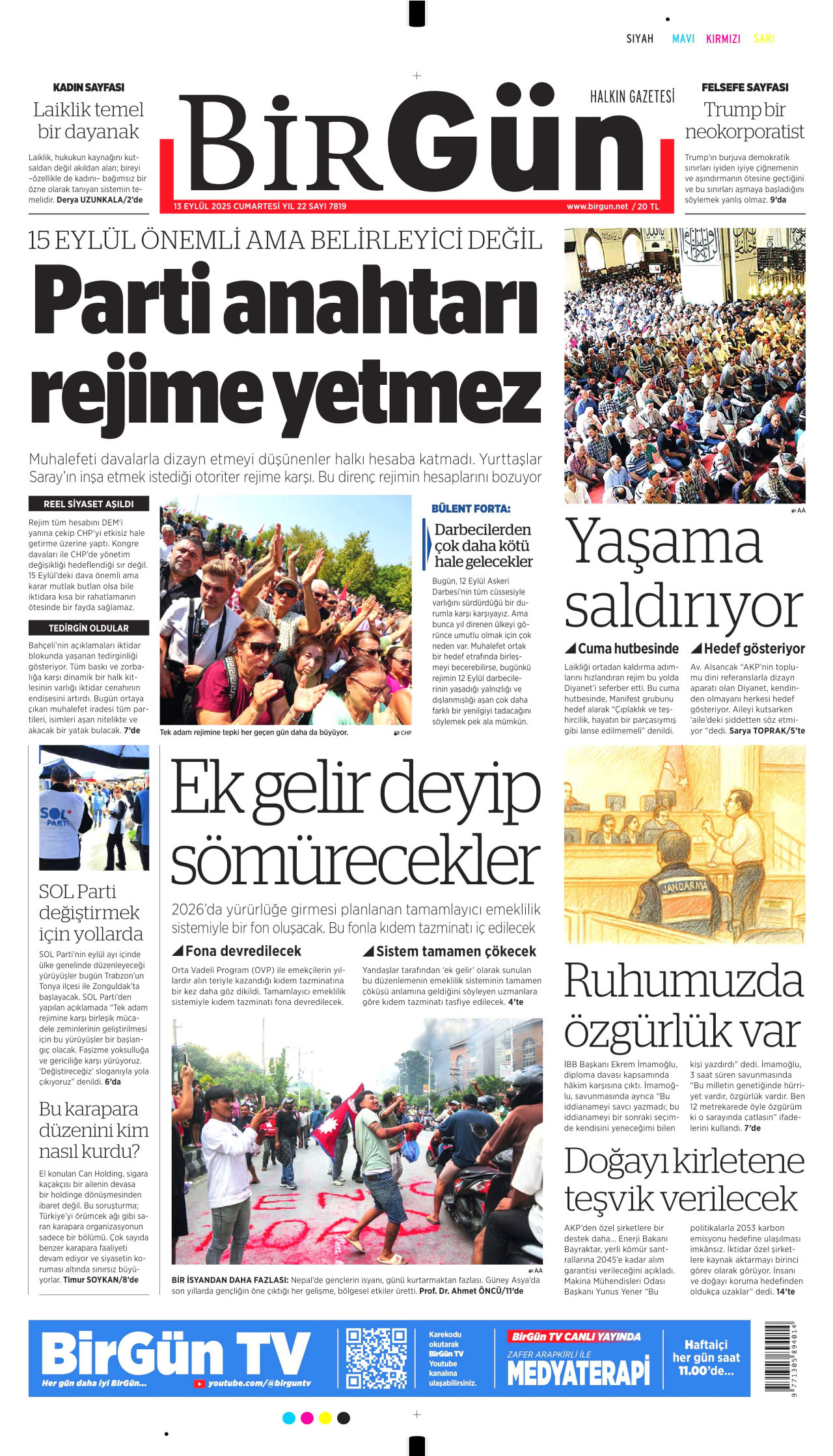 BİRGÜN gazetesinin 13 Eylül 2025 tarihli birinci sayfası