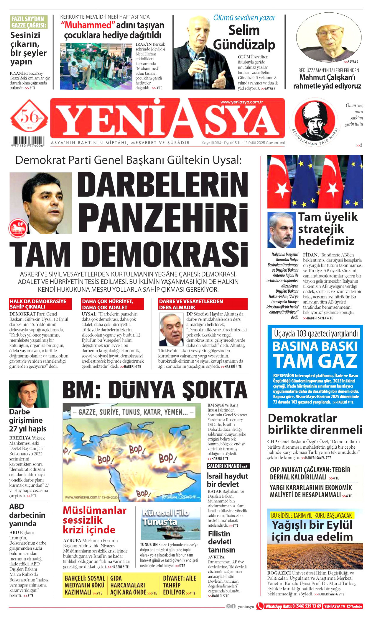 YENİ ASYA gazetesinin 13 Eylül 2025 tarihli birinci sayfası
