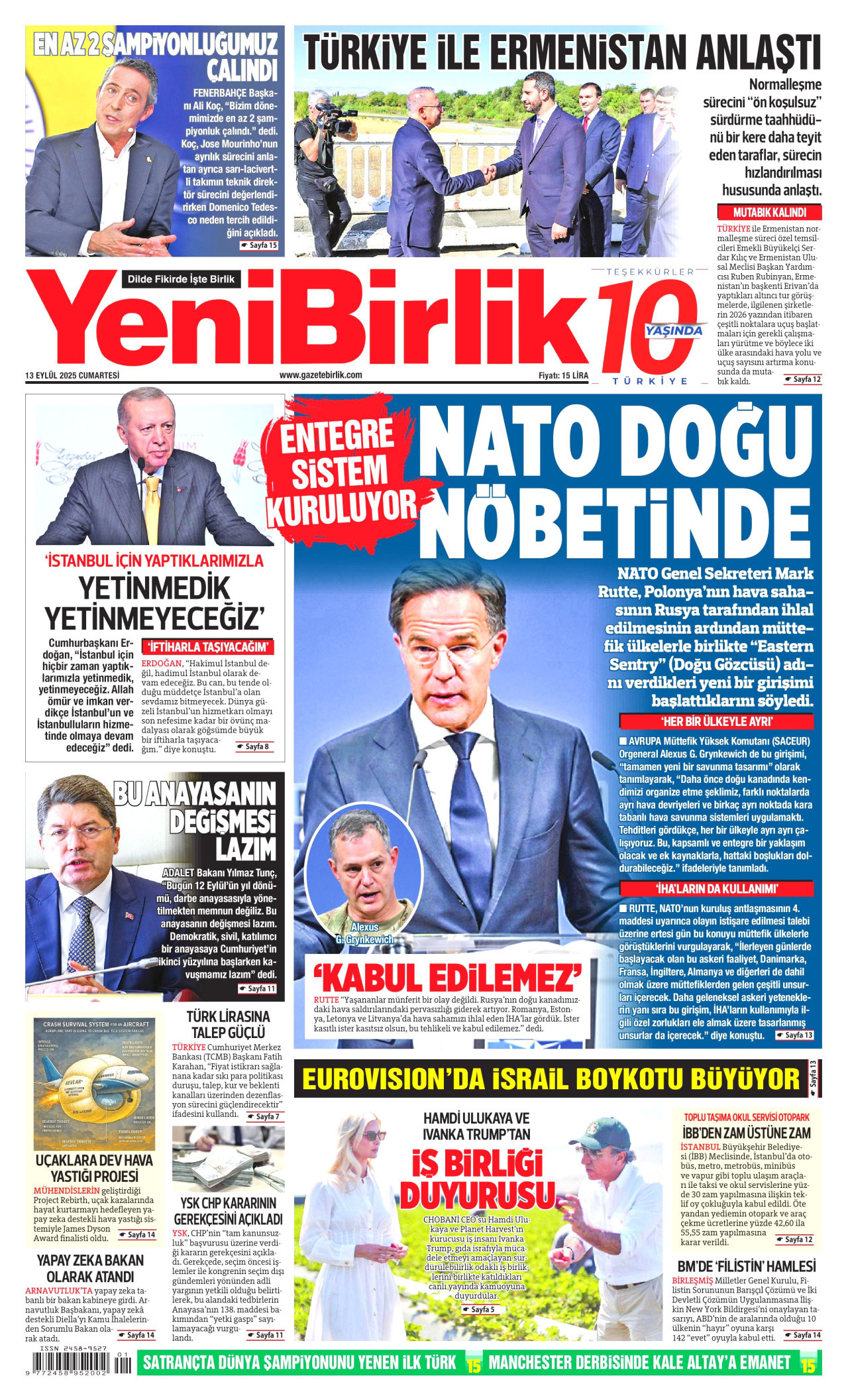 YENİBİRLİK gazetesinin 13 Eylül 2025 tarihli birinci sayfası