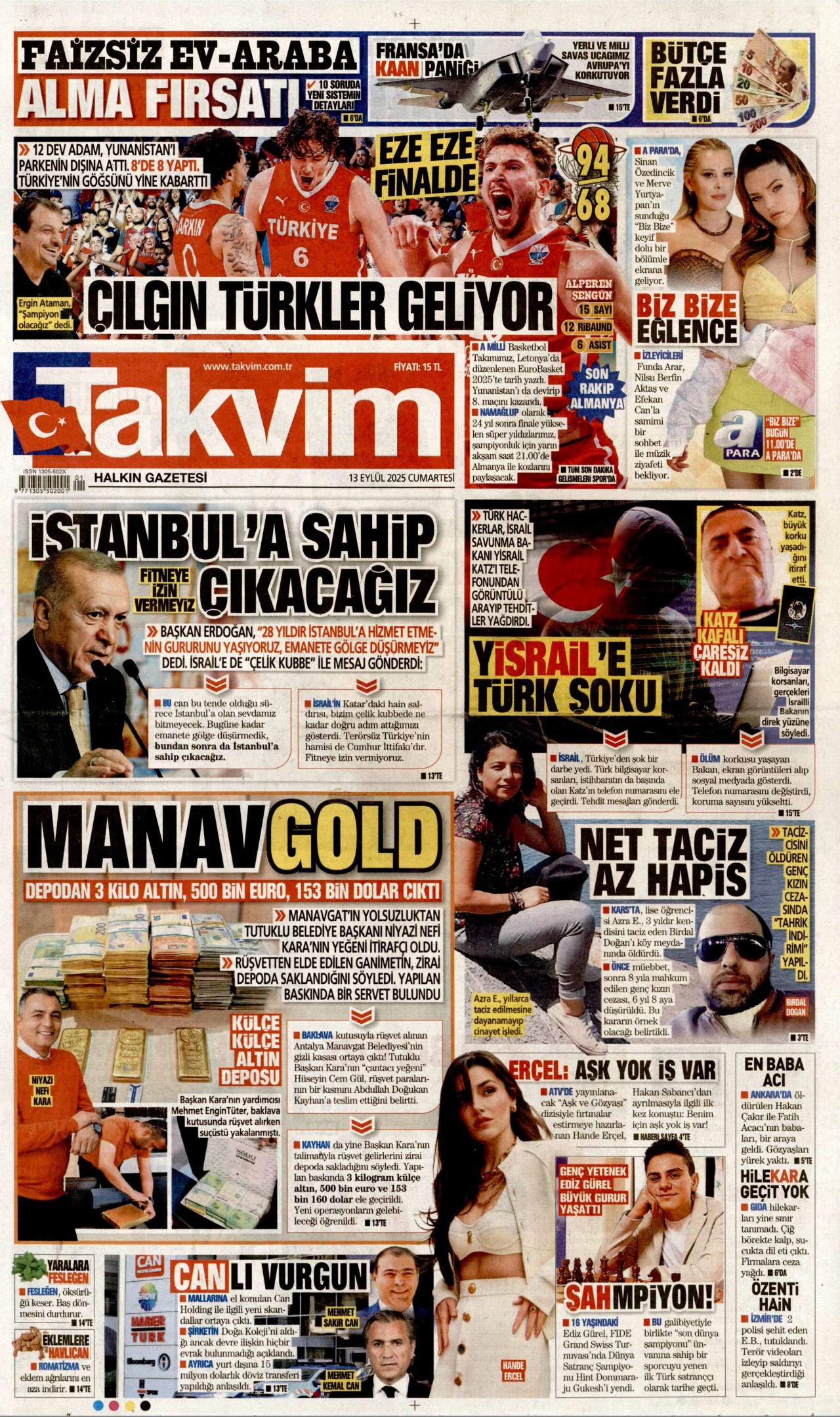TAKVİM gazetesinin 13 Eylül 2025 tarihli birinci sayfası
