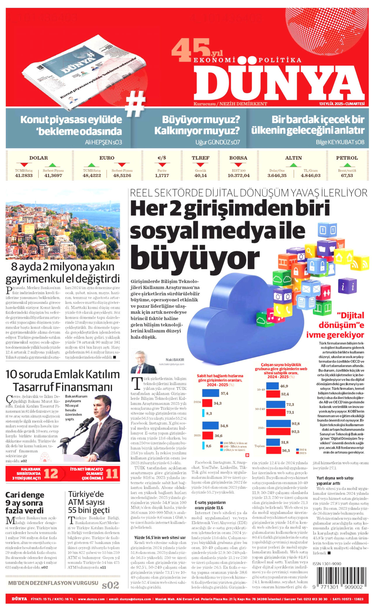 DÜNYA gazetesinin 13 Eylül 2025 tarihli birinci sayfası