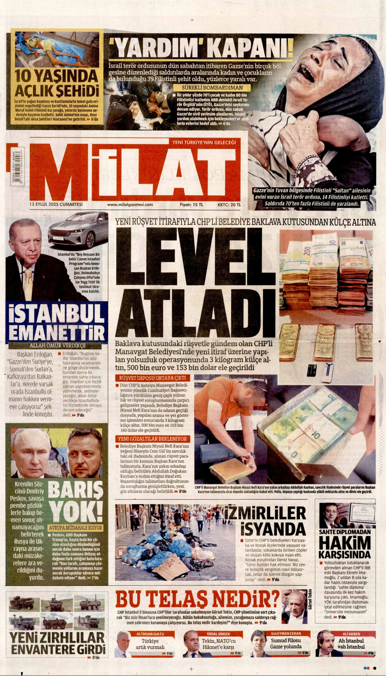 MİLAT gazetesinin 13 Eylül 2025 tarihli birinci sayfası