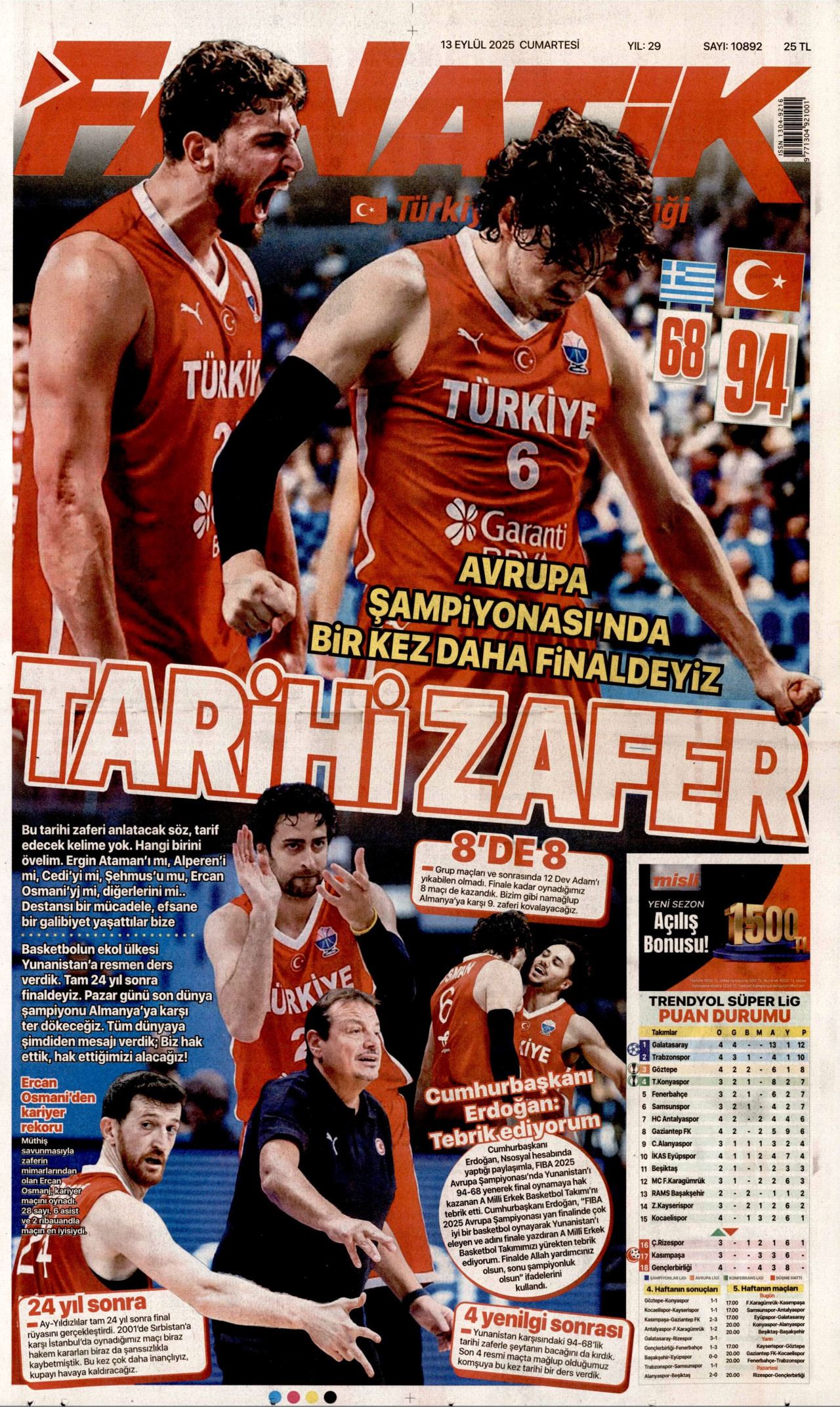 FANATİK gazetesinin 13 Eylül 2025 tarihli birinci sayfası