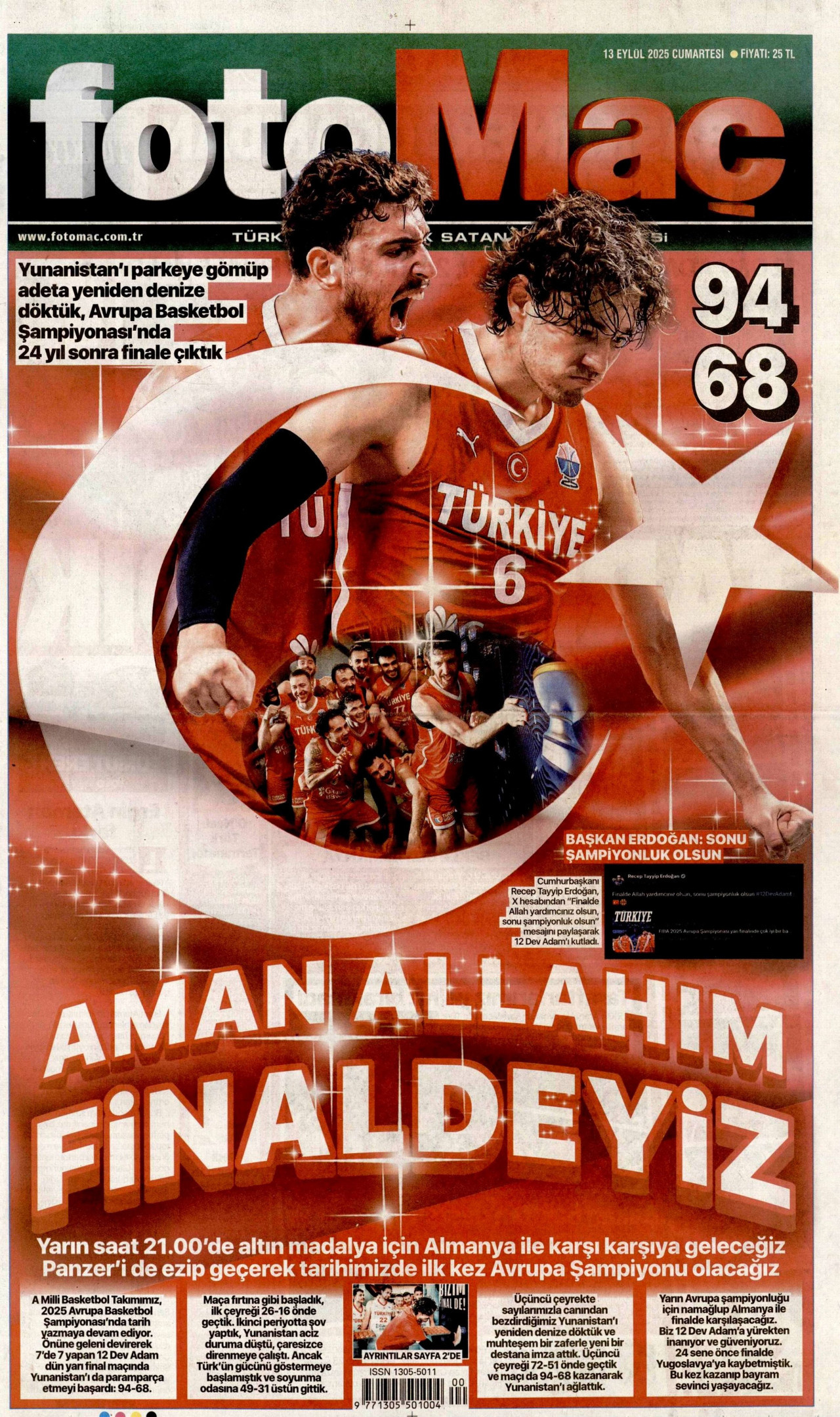 FOTOMAÇ gazetesinin 13 Eylül 2025 tarihli birinci sayfası
