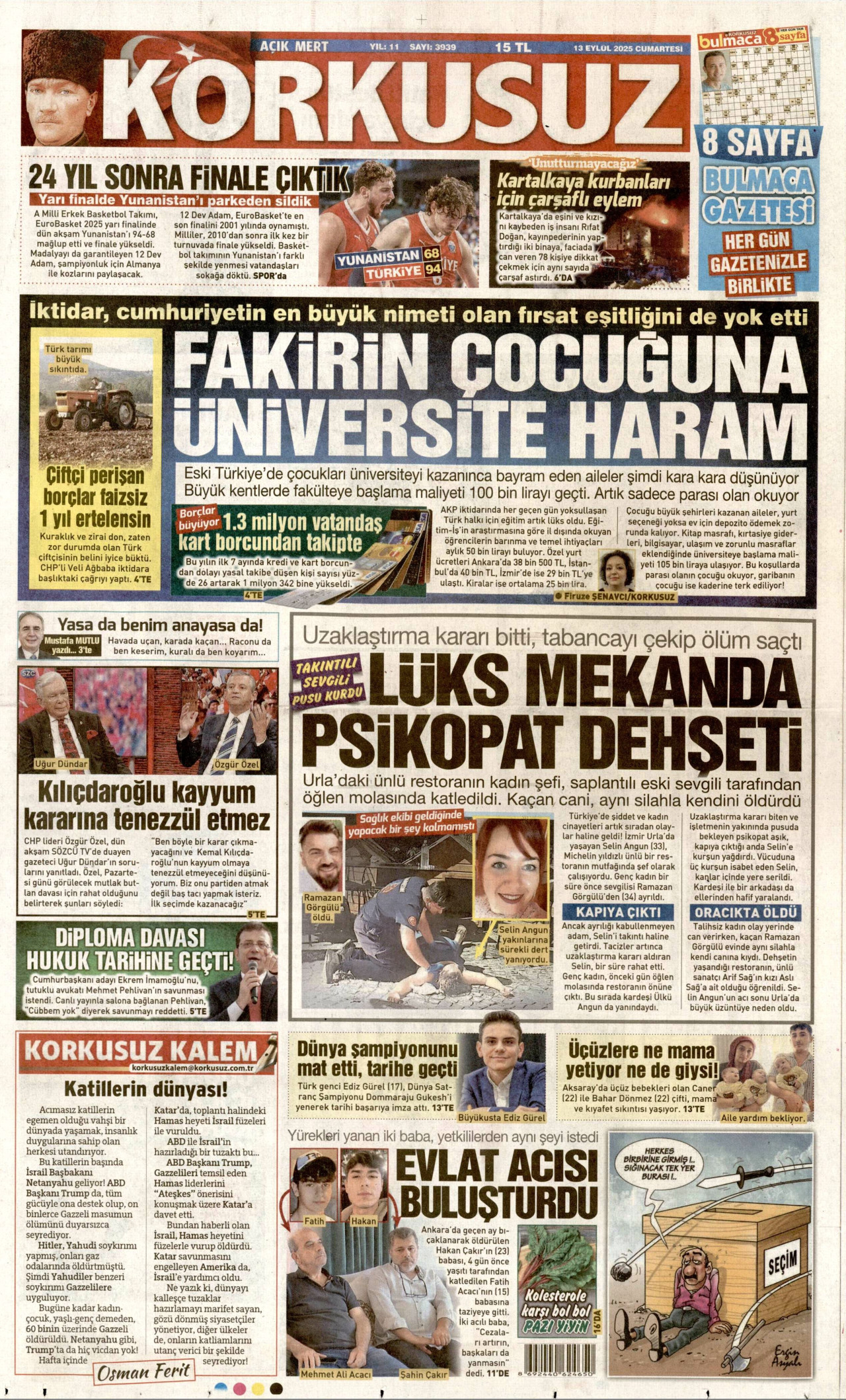 KORKUSUZ gazetesinin 13 Eylül 2025 tarihli birinci sayfası