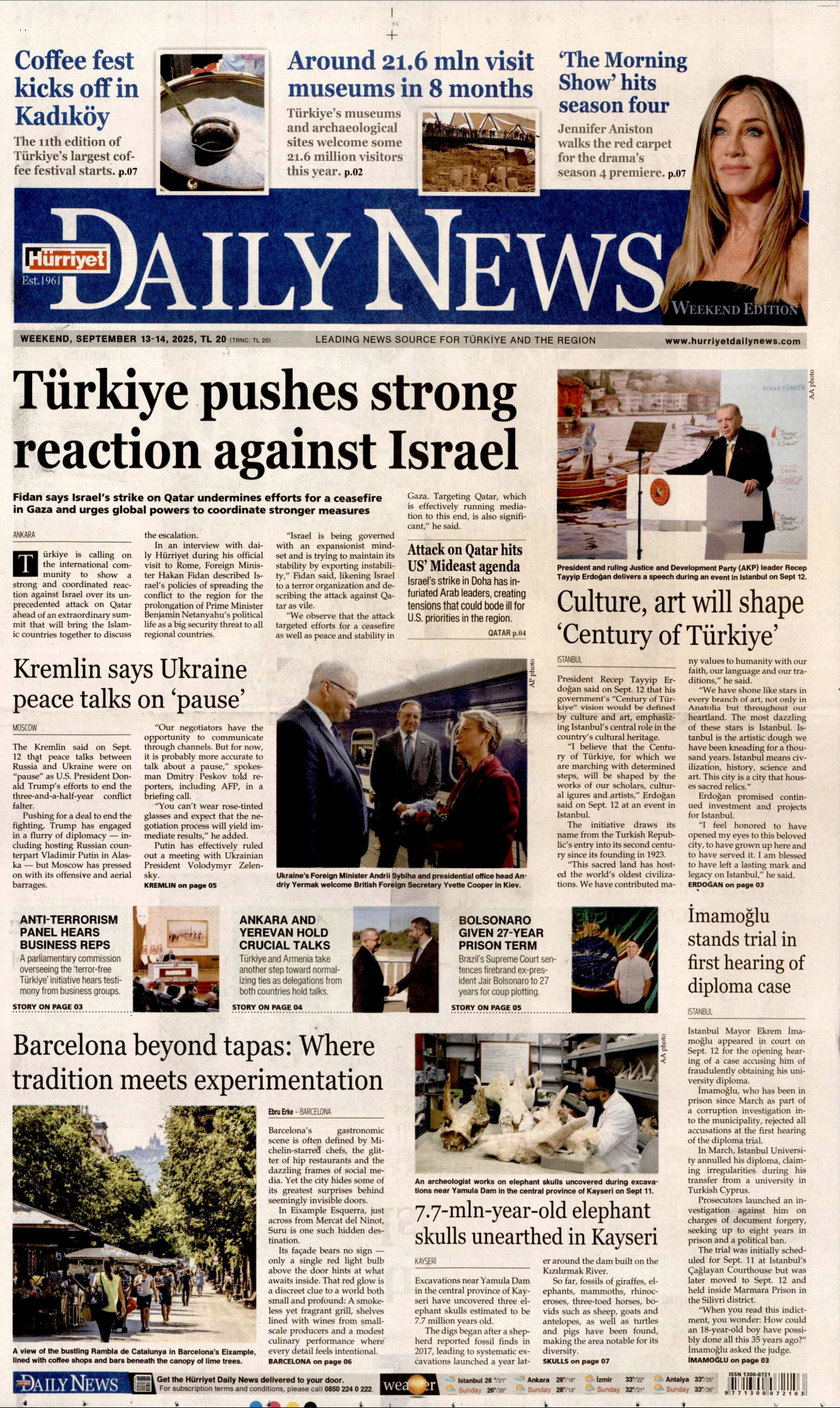 HÜRRİYET DAİLY NEWS gazetesinin 13 Eylül 2025 tarihli birinci sayfası