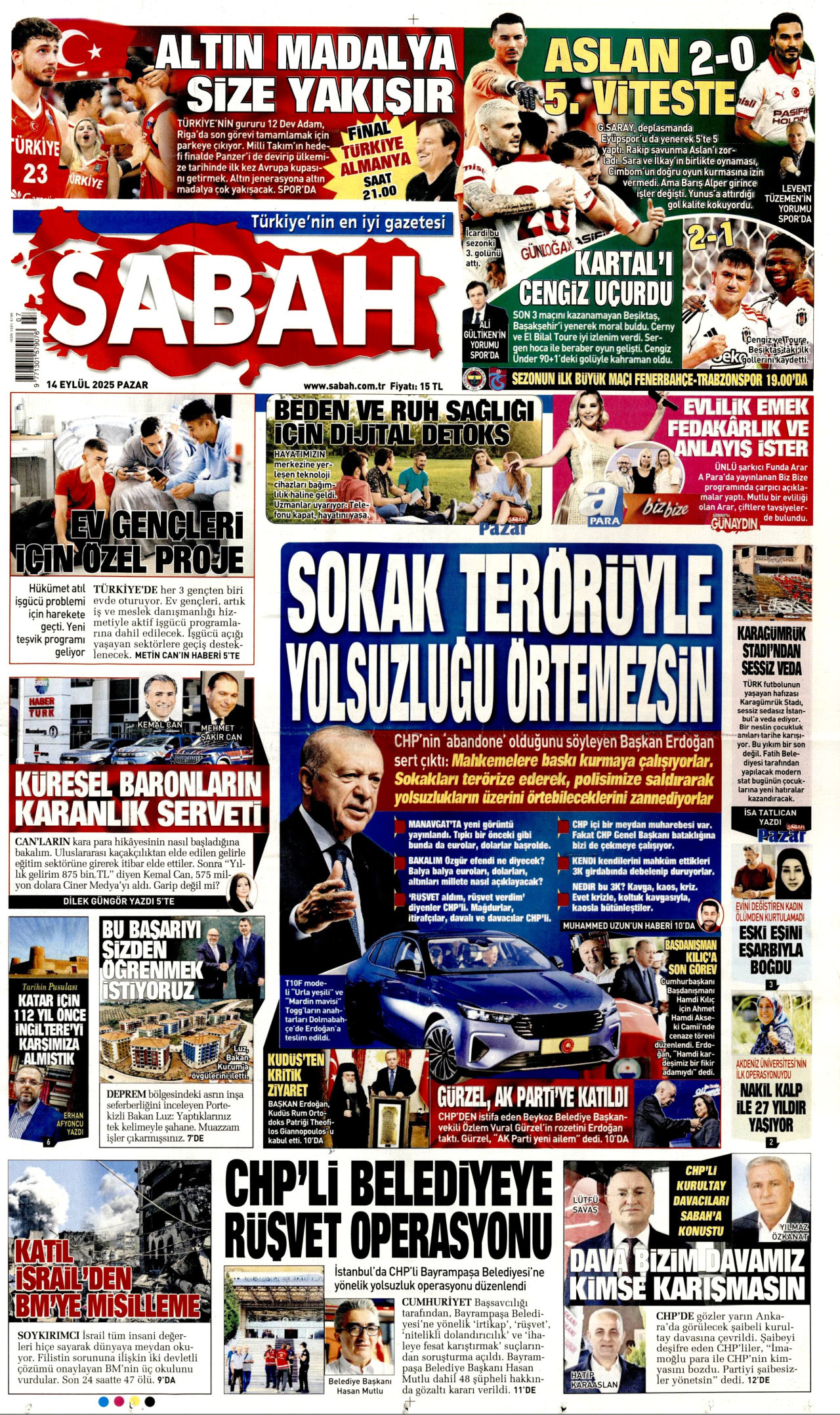 SABAH gazetesinin 14 Eylül 2025 tarihli birinci sayfası
