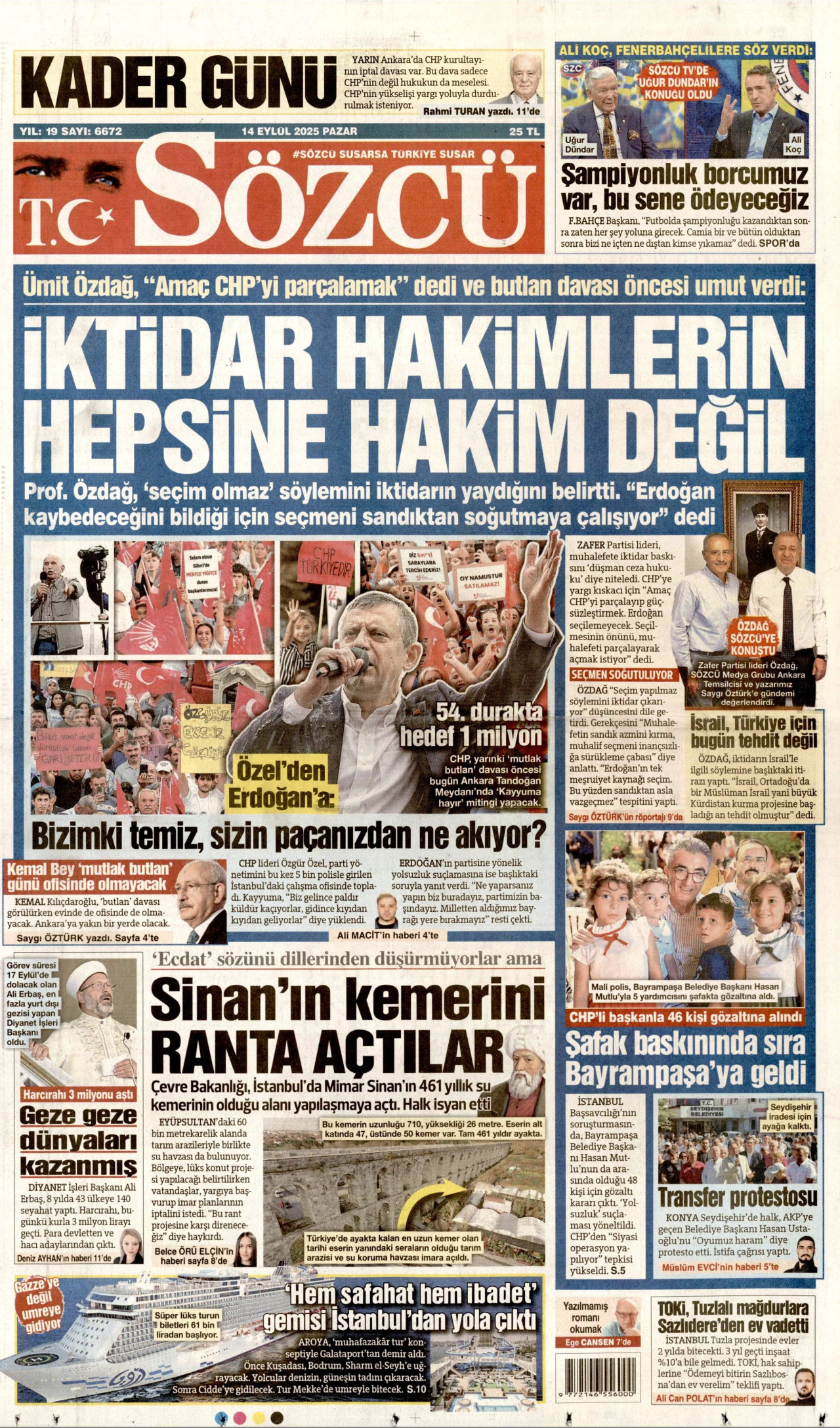 SÖZCÜ gazetesinin 14 Eylül 2025 tarihli birinci sayfası