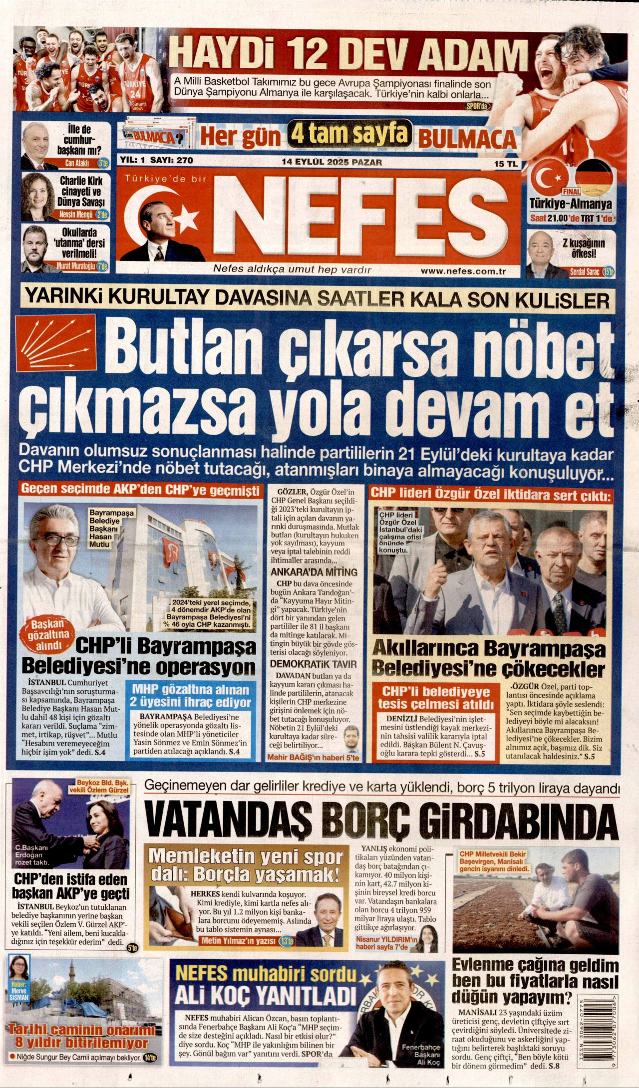 NEFES gazetesinin 14 Eylül 2025 tarihli birinci sayfası