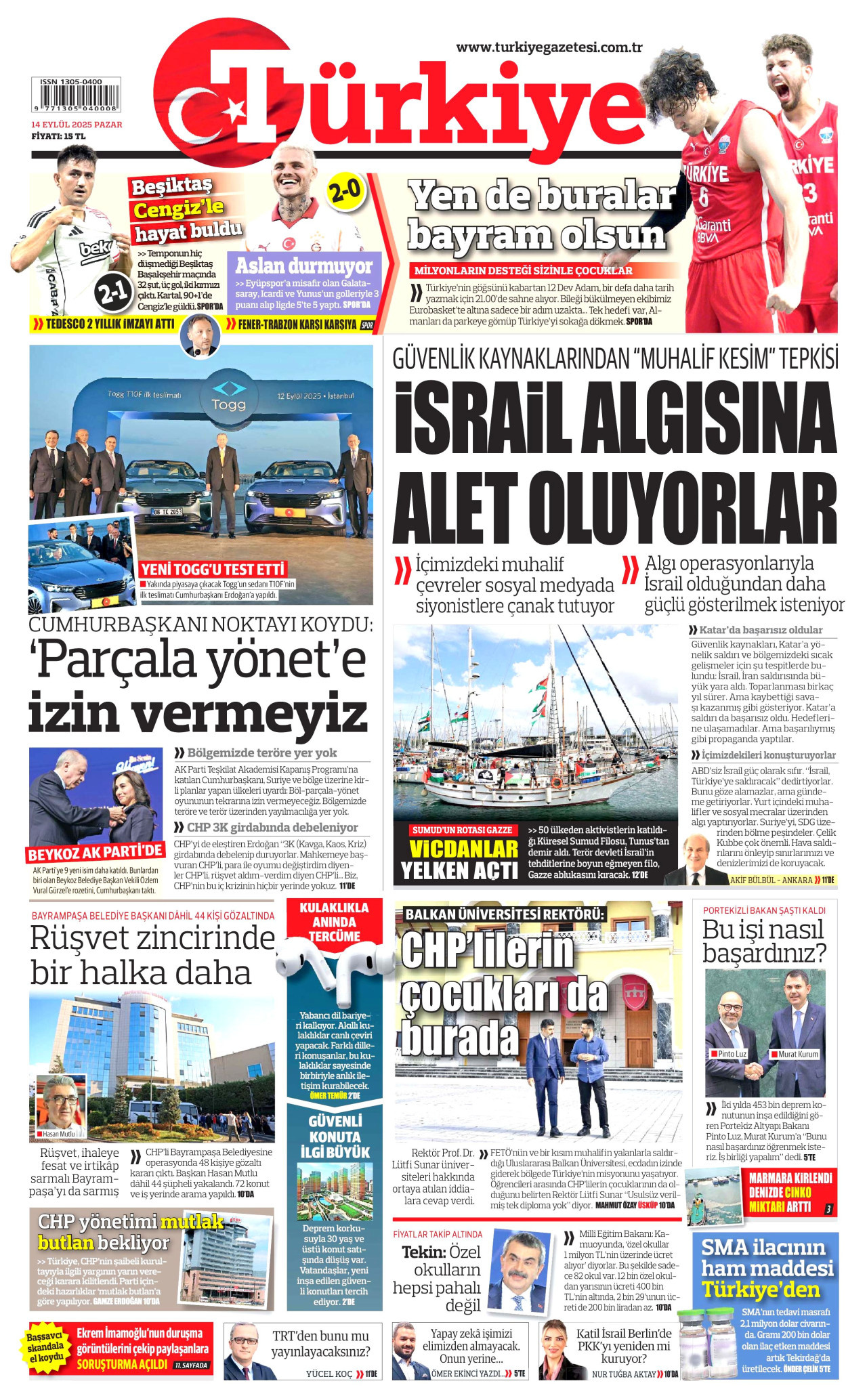 TÜRKİYE GAZETESİ gazetesinin 14 Eylül 2025 tarihli birinci sayfası