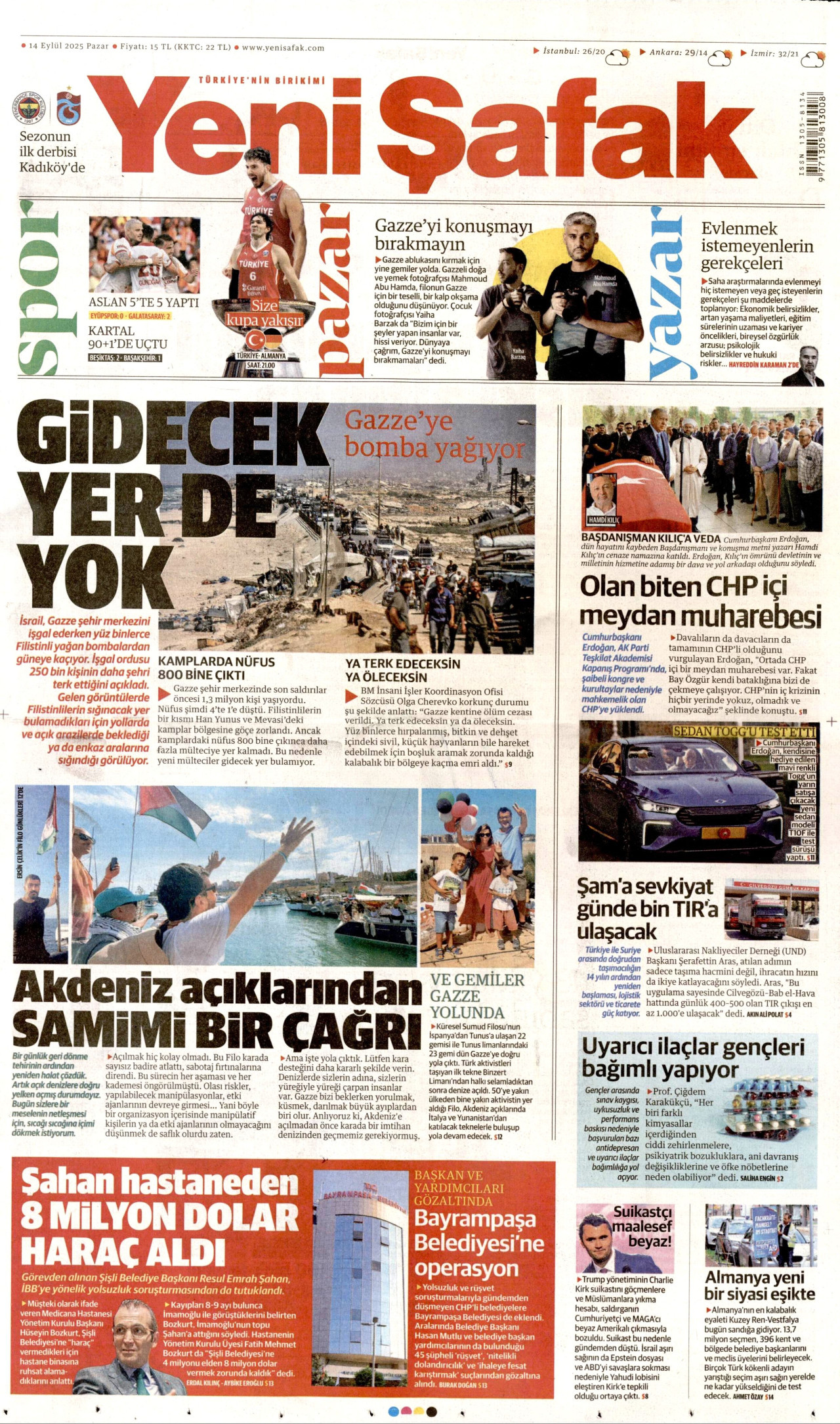 YENİ ŞAFAK gazetesinin 14 Eylül 2025 tarihli birinci sayfası