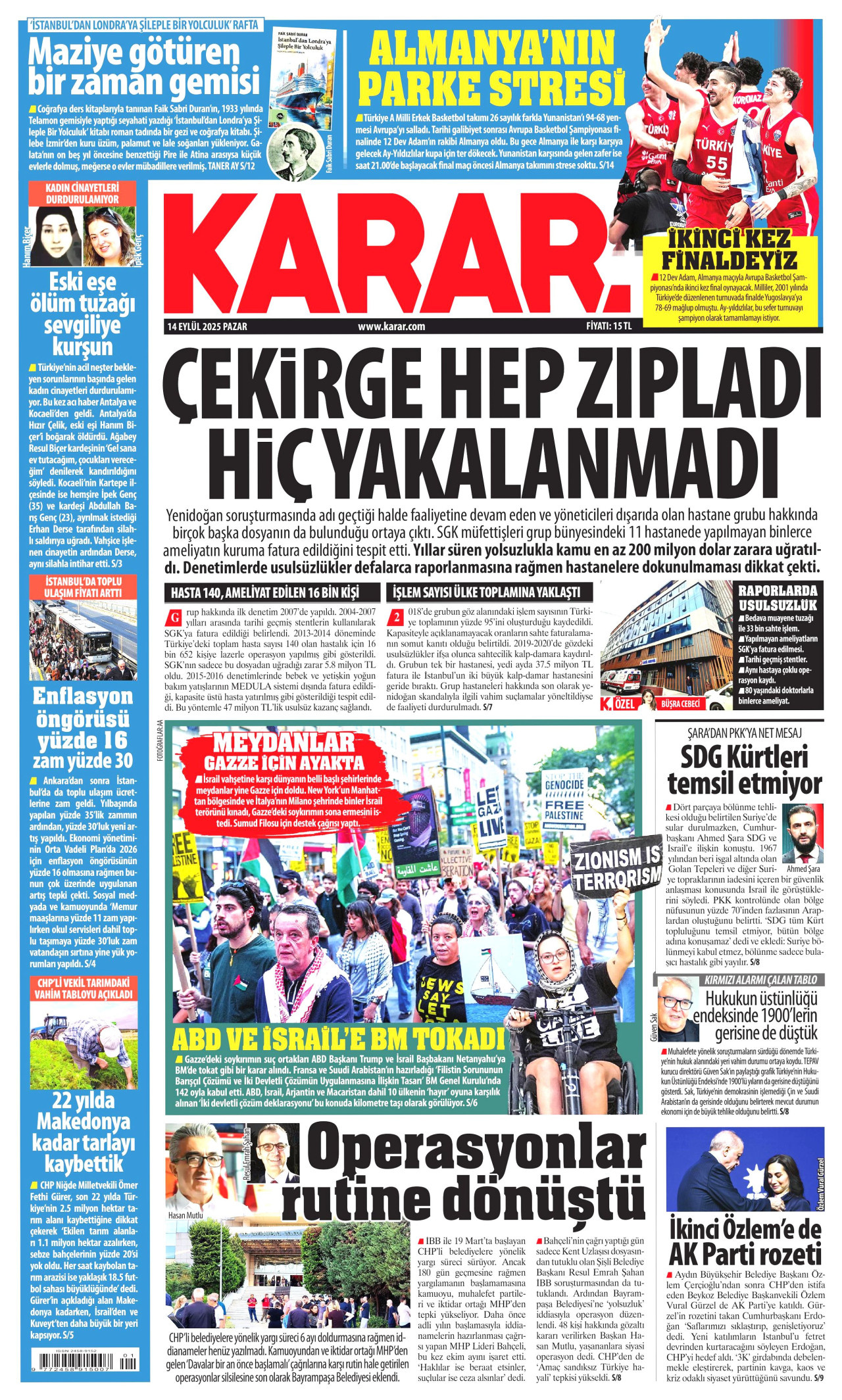 KARAR gazetesinin 14 Eylül 2025 tarihli birinci sayfası