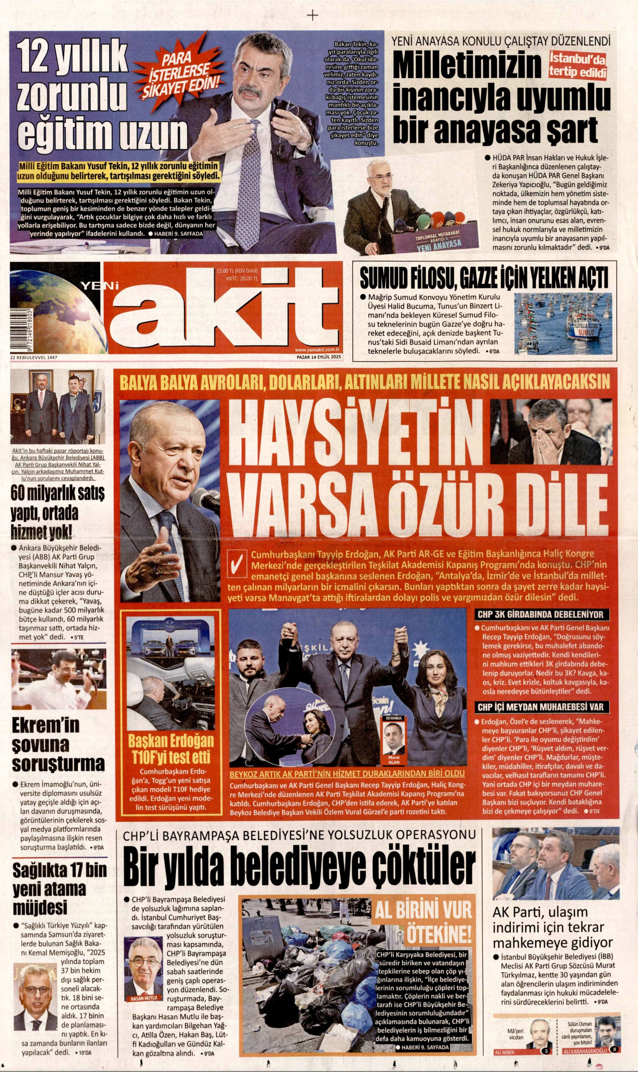 YENİ AKİT gazetesinin 14 Eylül 2025 tarihli birinci sayfası