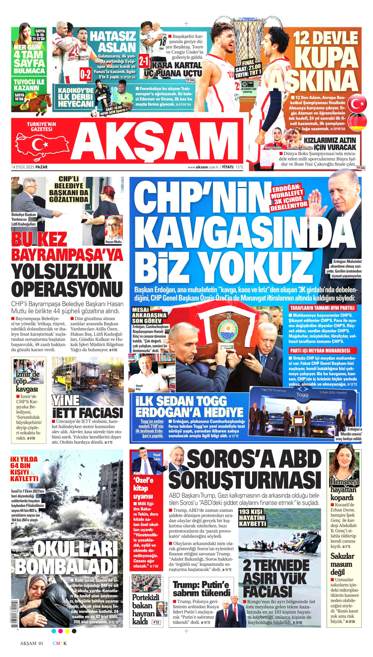 AKŞAM gazetesinin 14 Eylül 2025 tarihli birinci sayfası